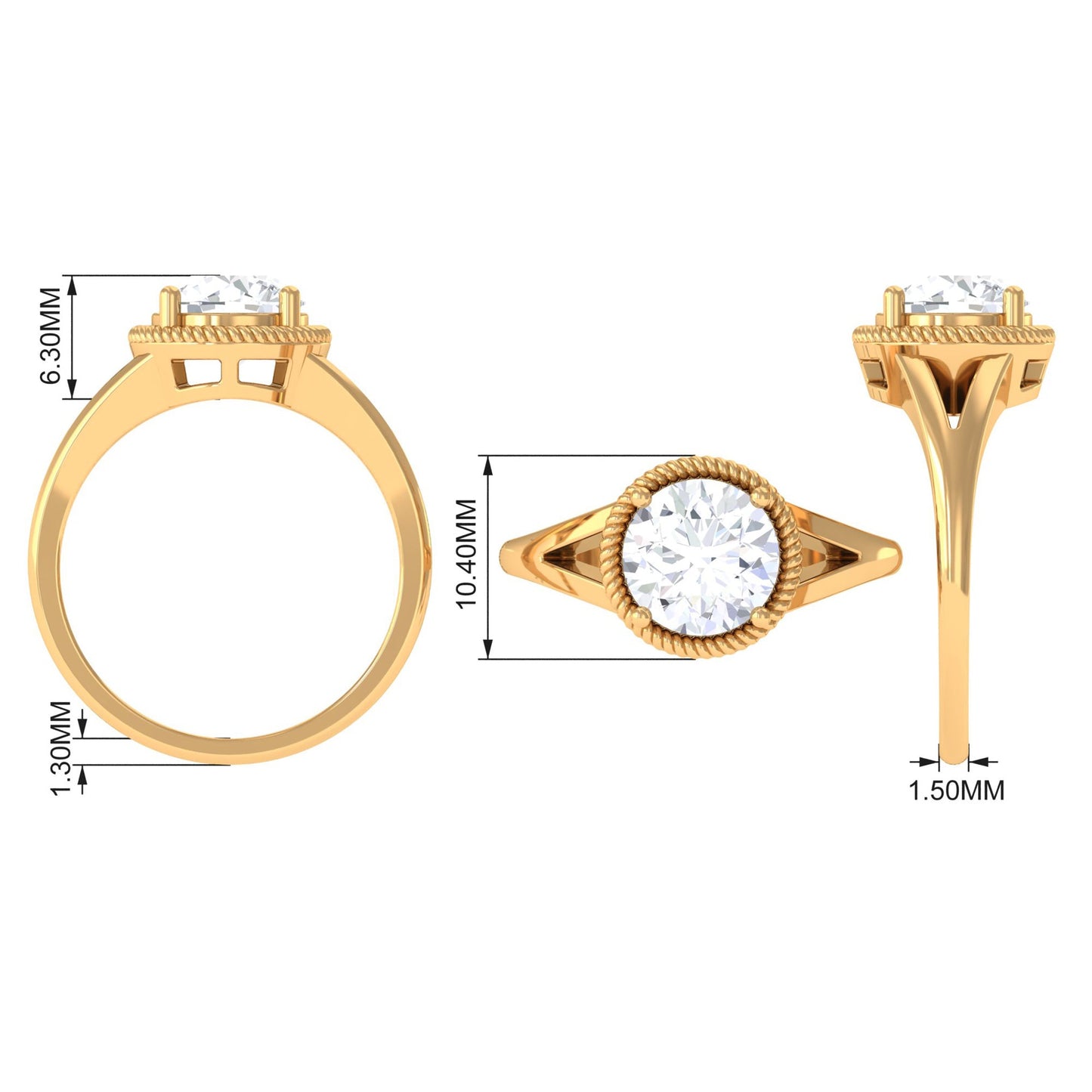 2 CT Round Cubic Zirconia Solitaire Gold Ring in Split Shank