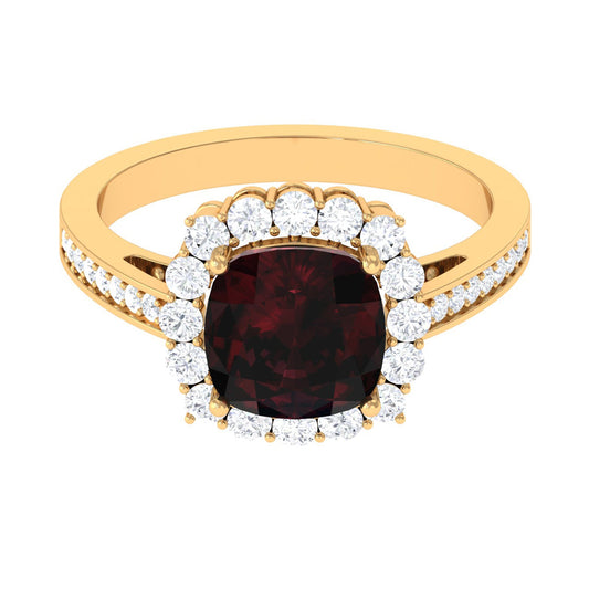 Real 8mm Garnet Cushion Cut Engagement Ring with Diamond Halo