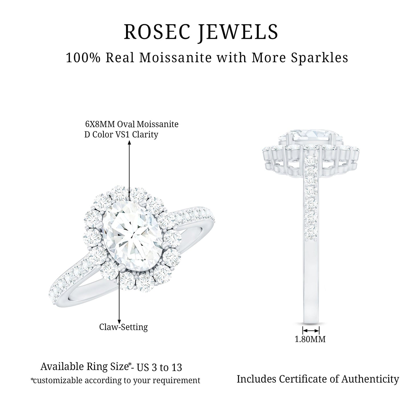 Certified 1.2 Carat Moissanite Oval Halo Engagement Ring for Women