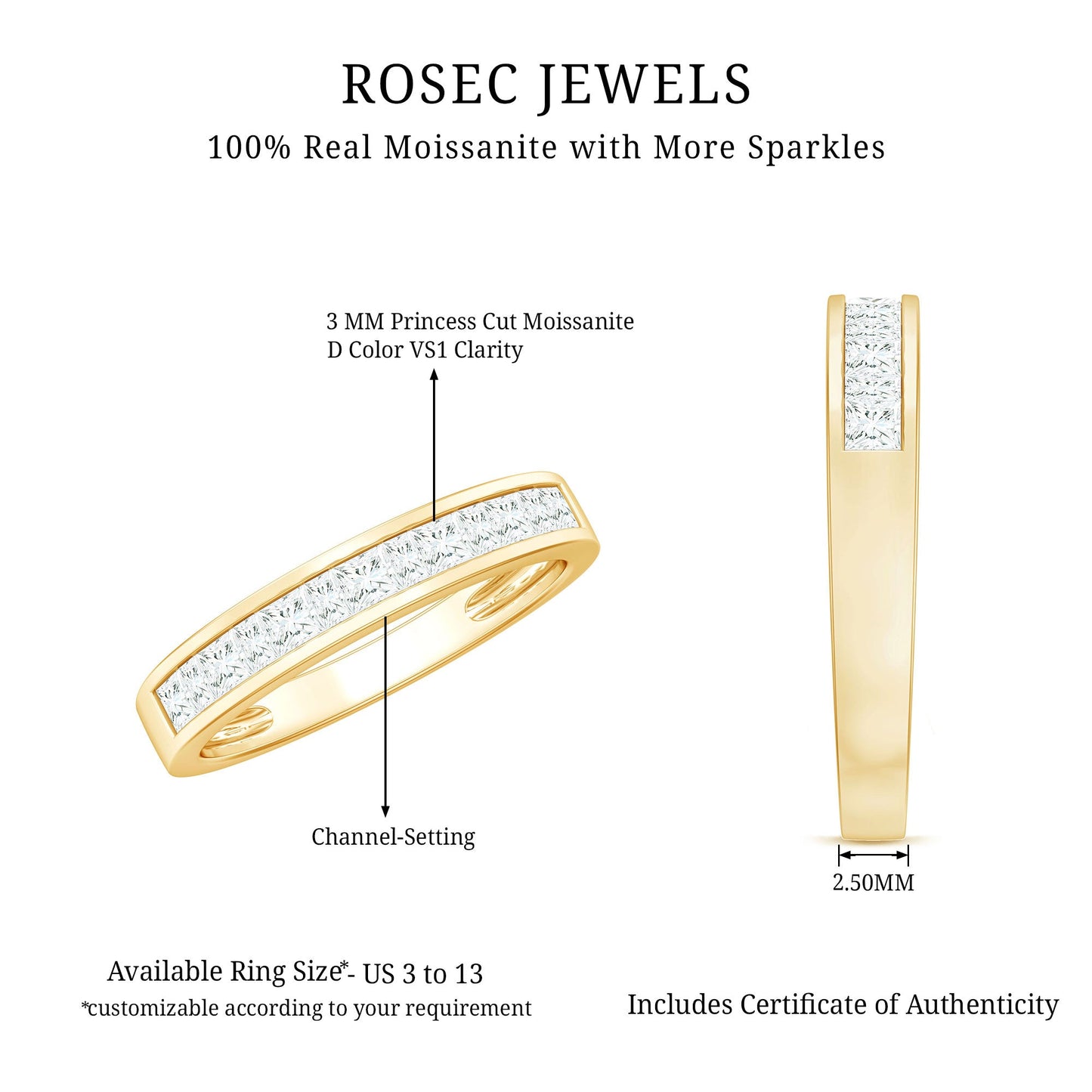 Princess Cut Moissanite Half Eternity Band in Channel Setting