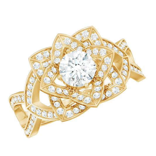 Vintage Style Zircon Floral Engagement Ring with Split Shank
