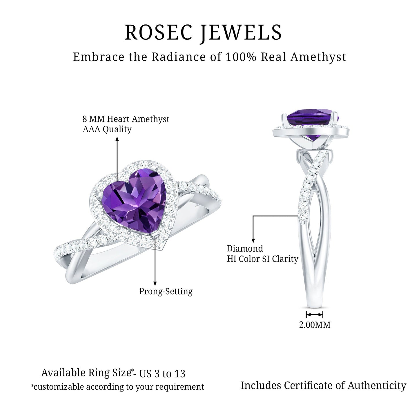 Heart Shape Amethyst Crossover Engagement Ring with Diamond