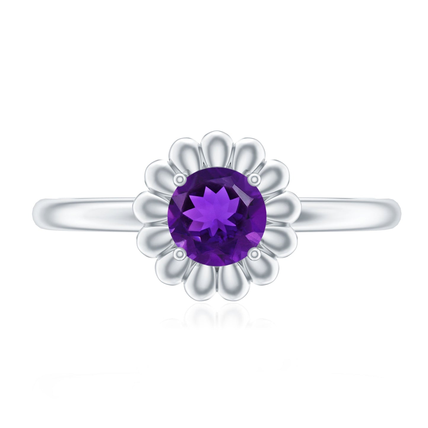 Round Cut Solitaire Amethyst Flower Ring