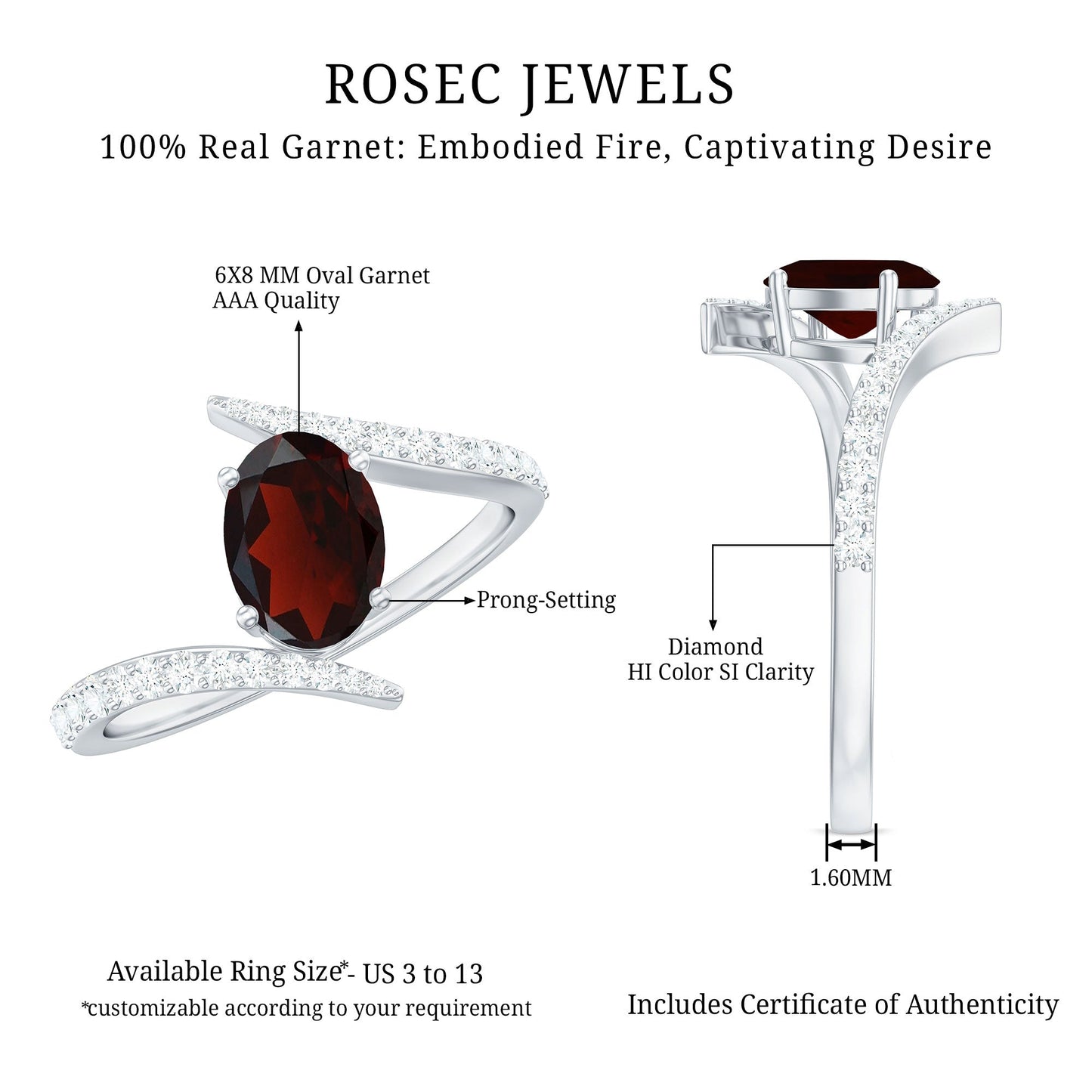 Natural 6X8mm Garnet Oval Engagement Ring with Diamond