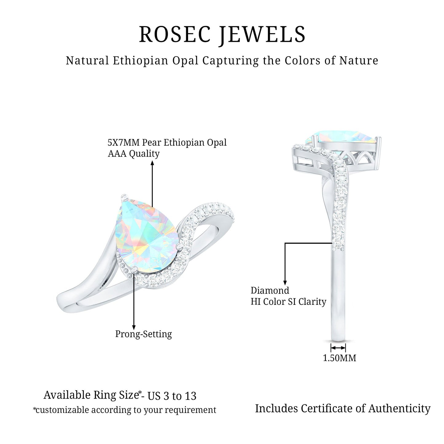 5X7mm Pear Cut Ethiopian Opal Engagement Ring with Diamond