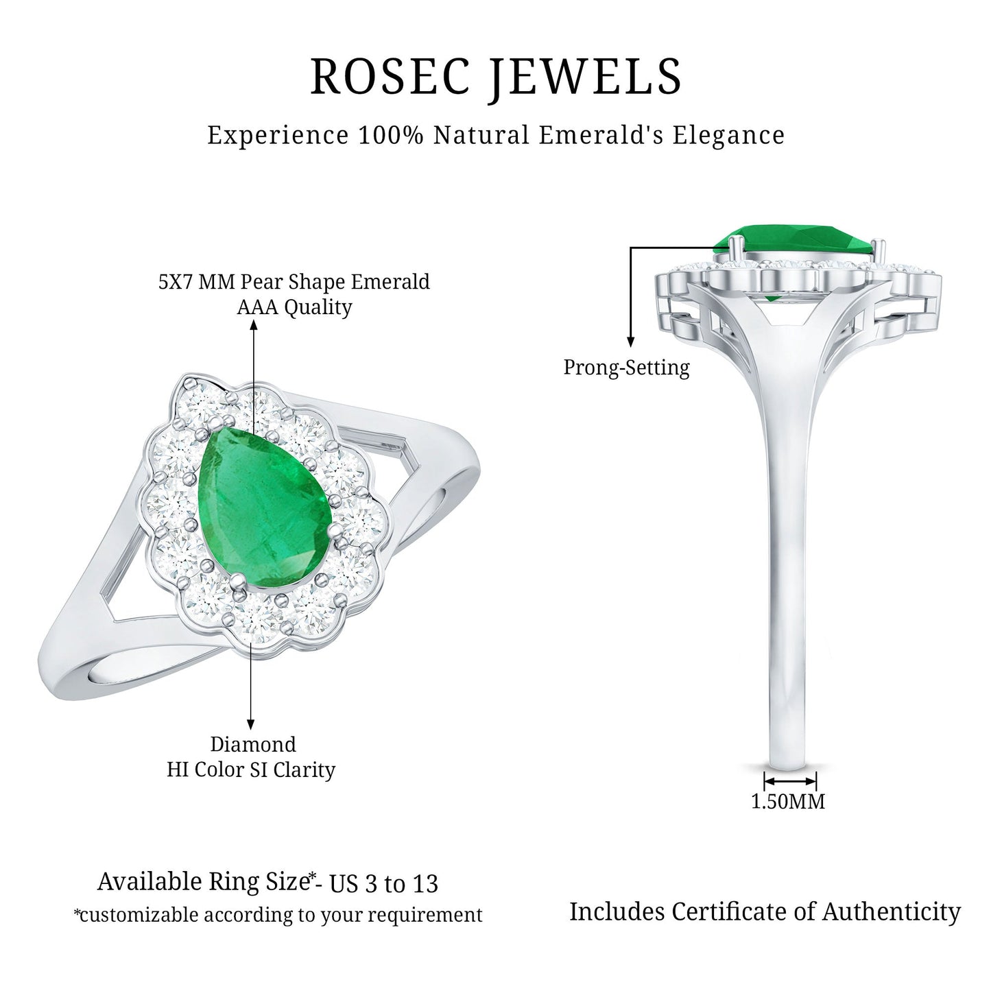 5X7 mm Pear Cut Emerald Engagement Ring with Diamond Halo