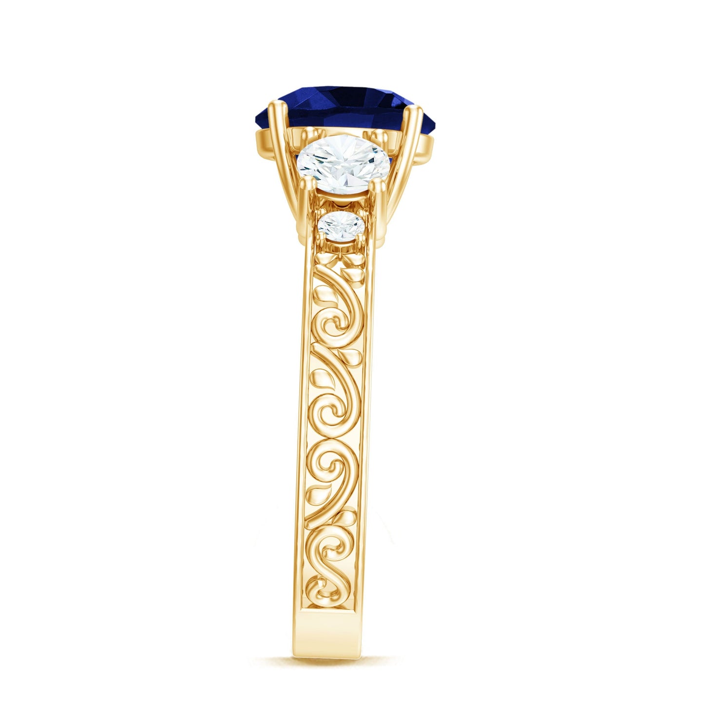 Round Created Blue Sapphire and Moissanite Art Deco Engagement Ring in Gold