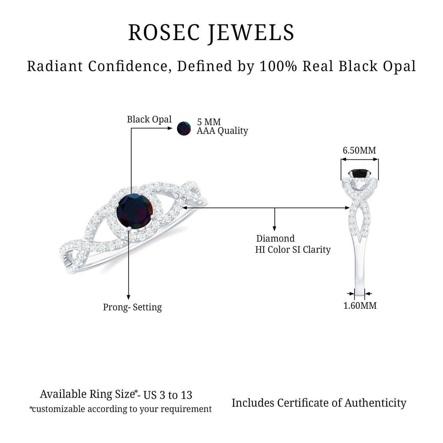 Natural Black Opal and Diamond Halo Engagement Ring