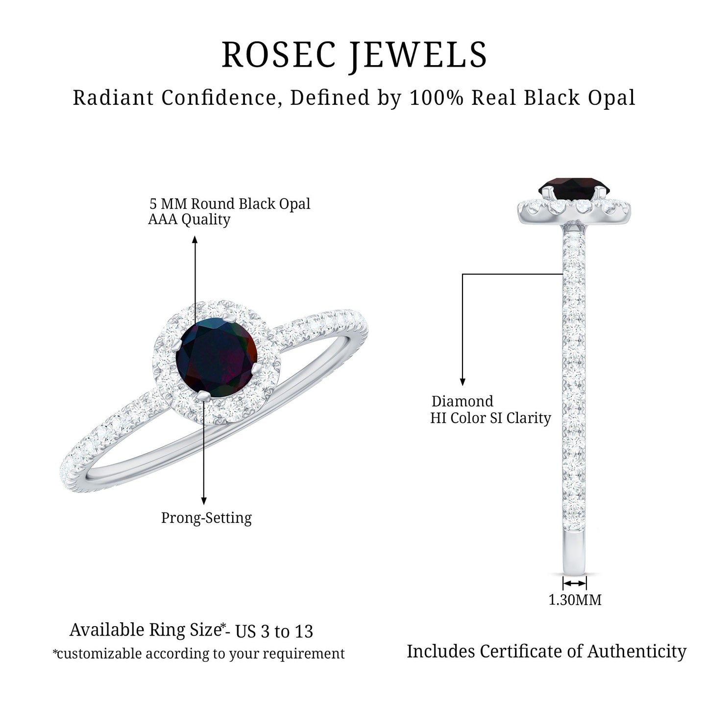 Genuine Black Opal Minimal Promise Ring with Diamond Halo