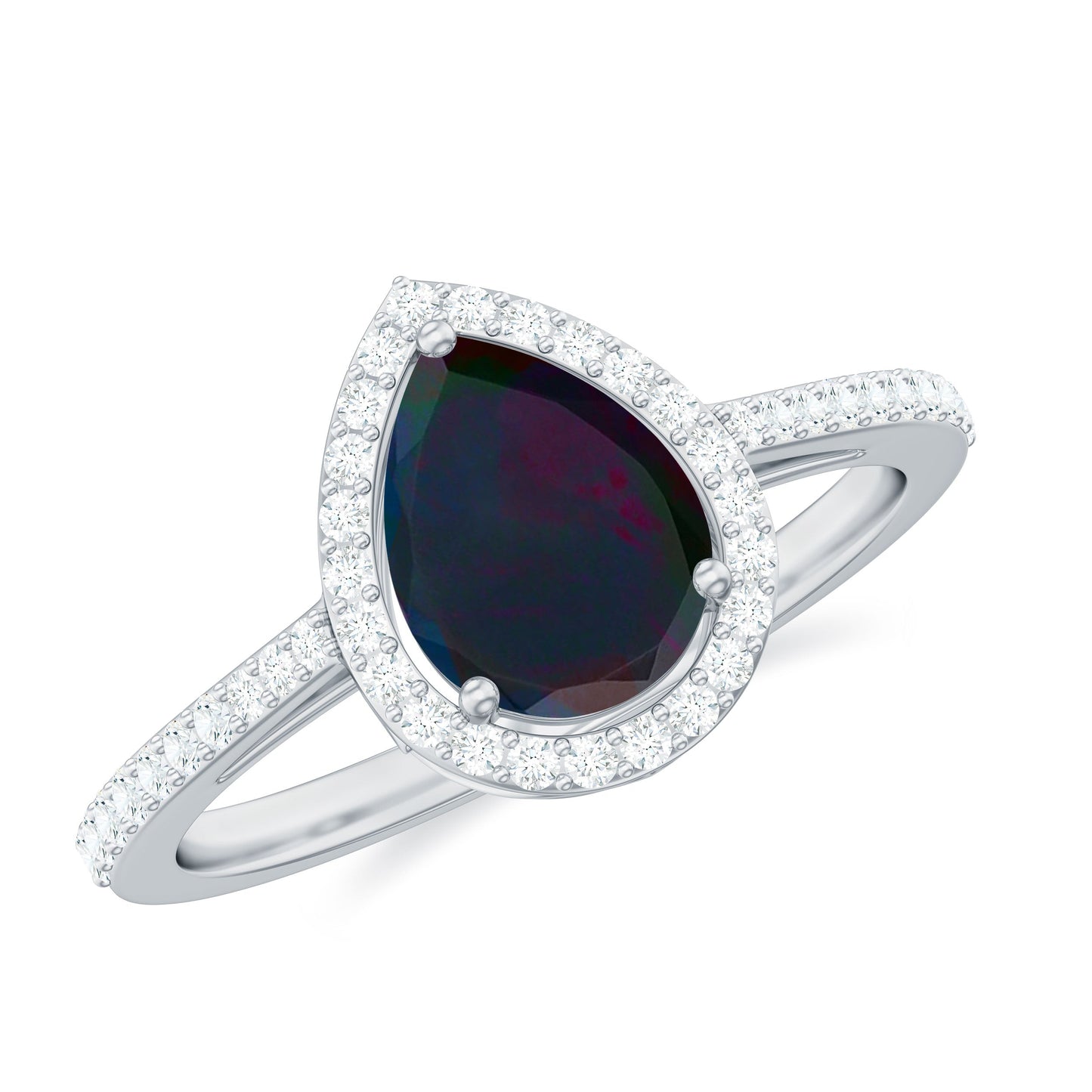 Pear Shape 1 CT Black Opal Engagement Ring with Diamond Halo