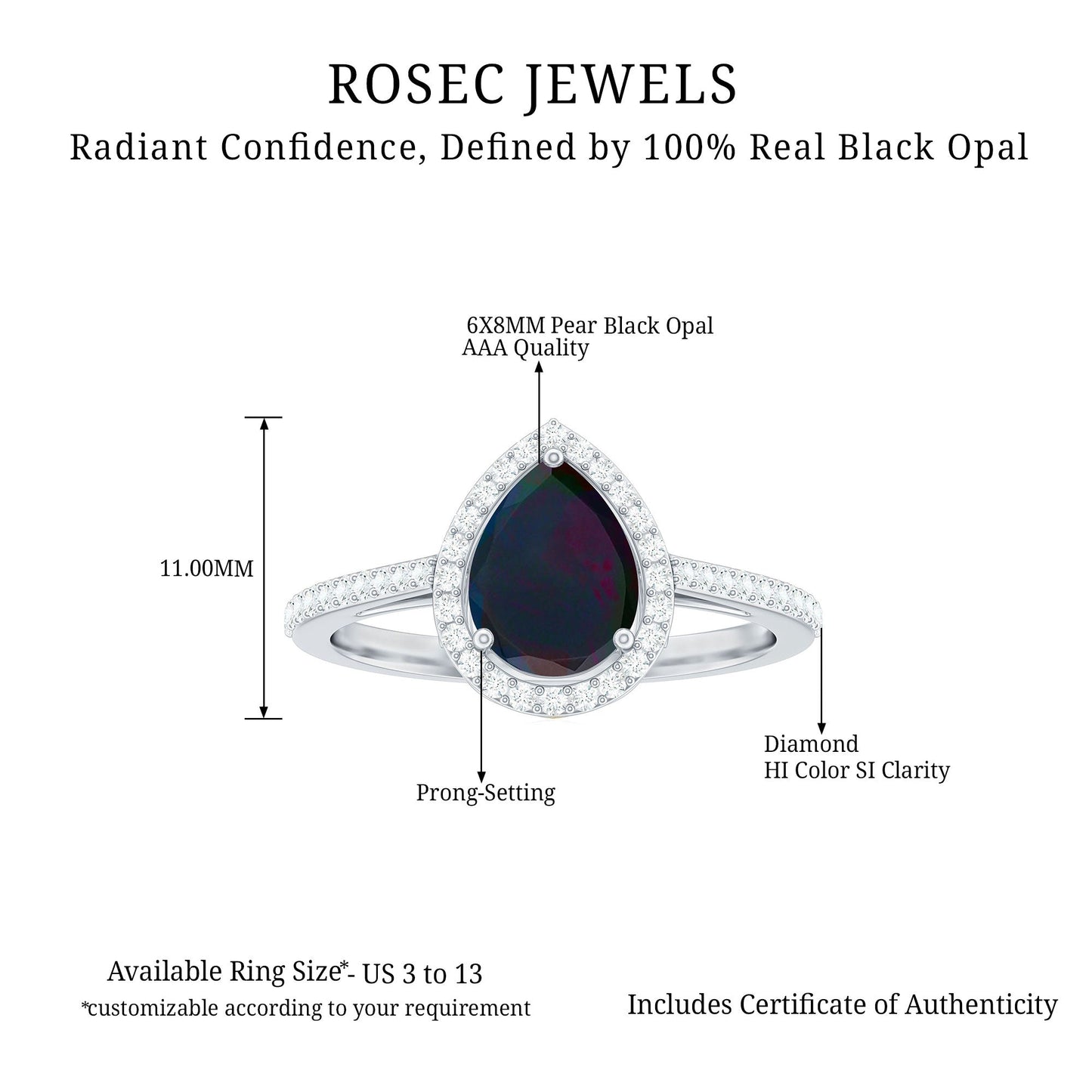 Pear Shape 1 CT Black Opal Engagement Ring with Diamond Halo