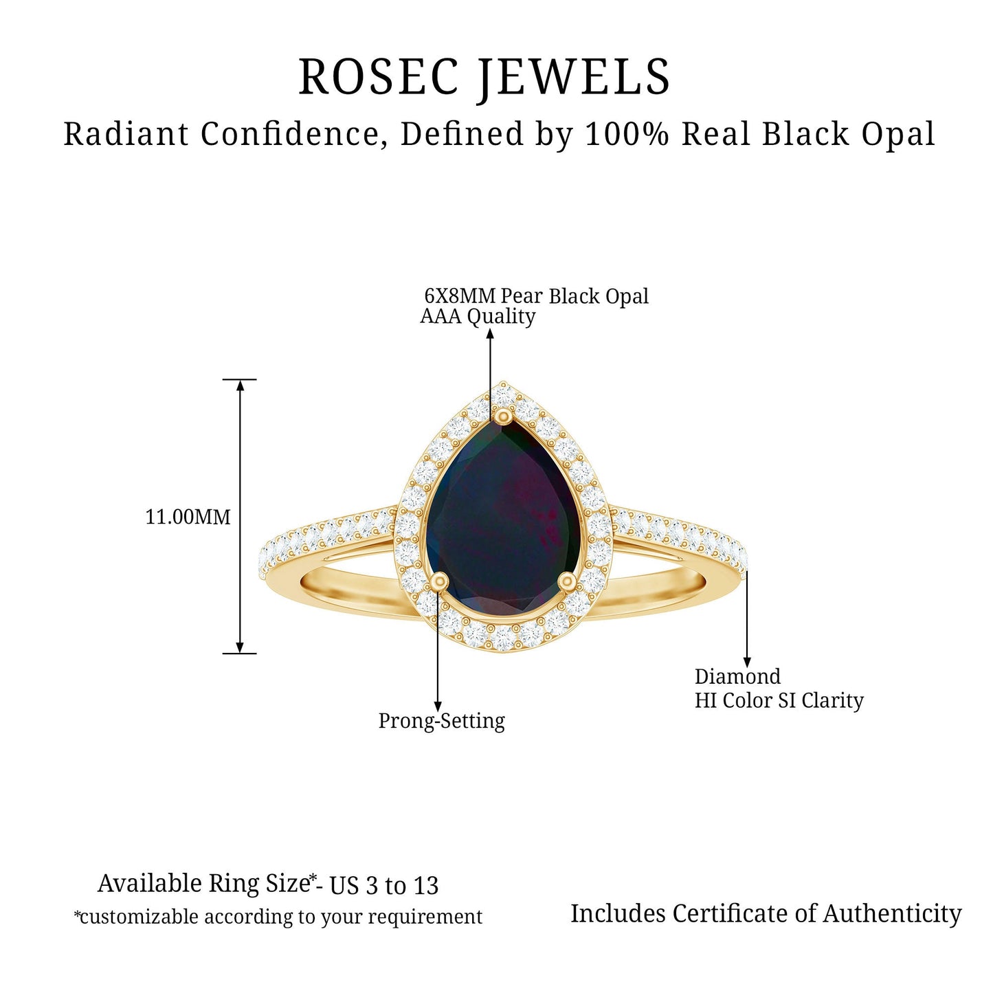 Pear Shape 1 CT Black Opal Engagement Ring with Diamond Halo