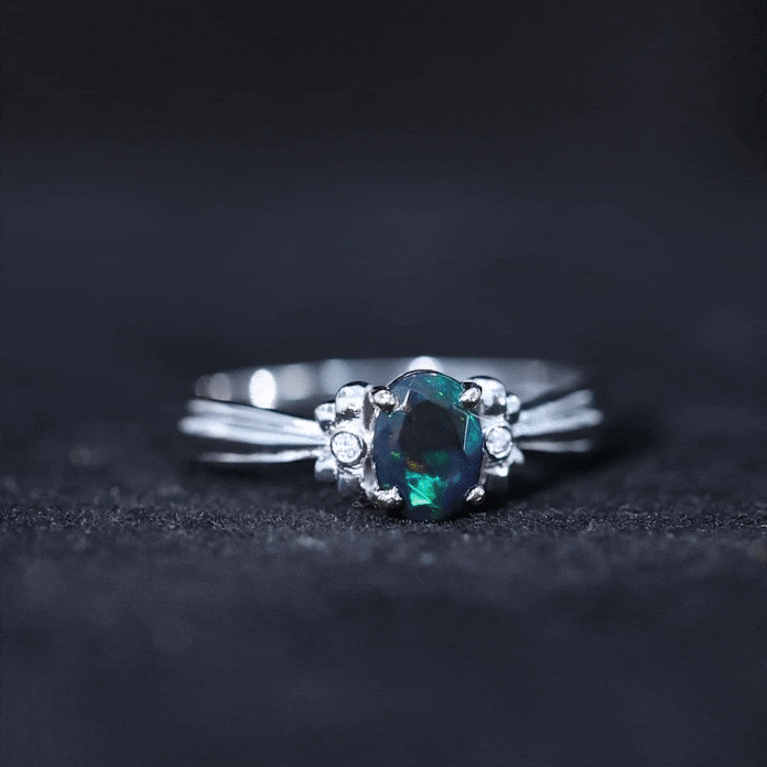 1 CT Oval Black Opal Solitaire Floral Ring with Diamond Accent