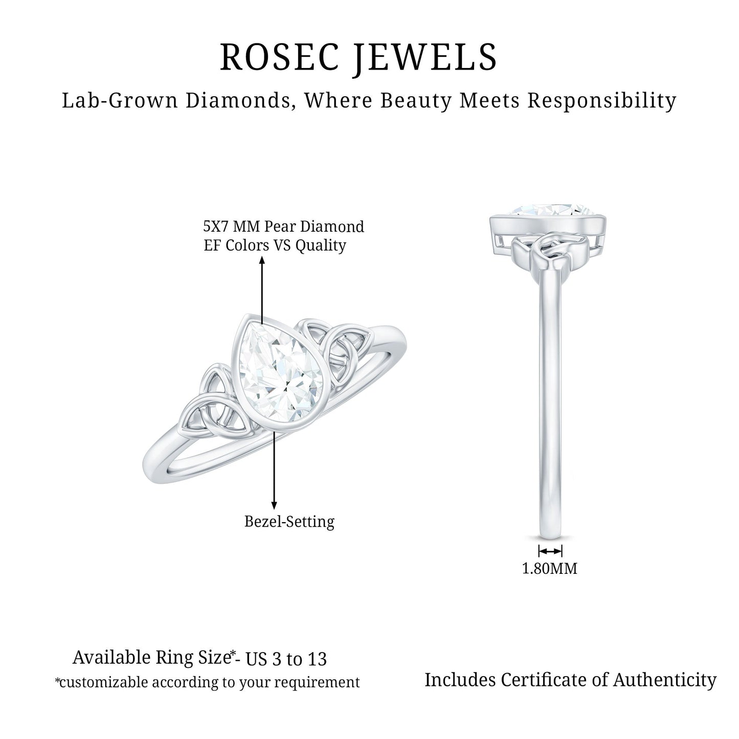 Pear Shape Lab Grown Diamond Solitaire Celtic Ring