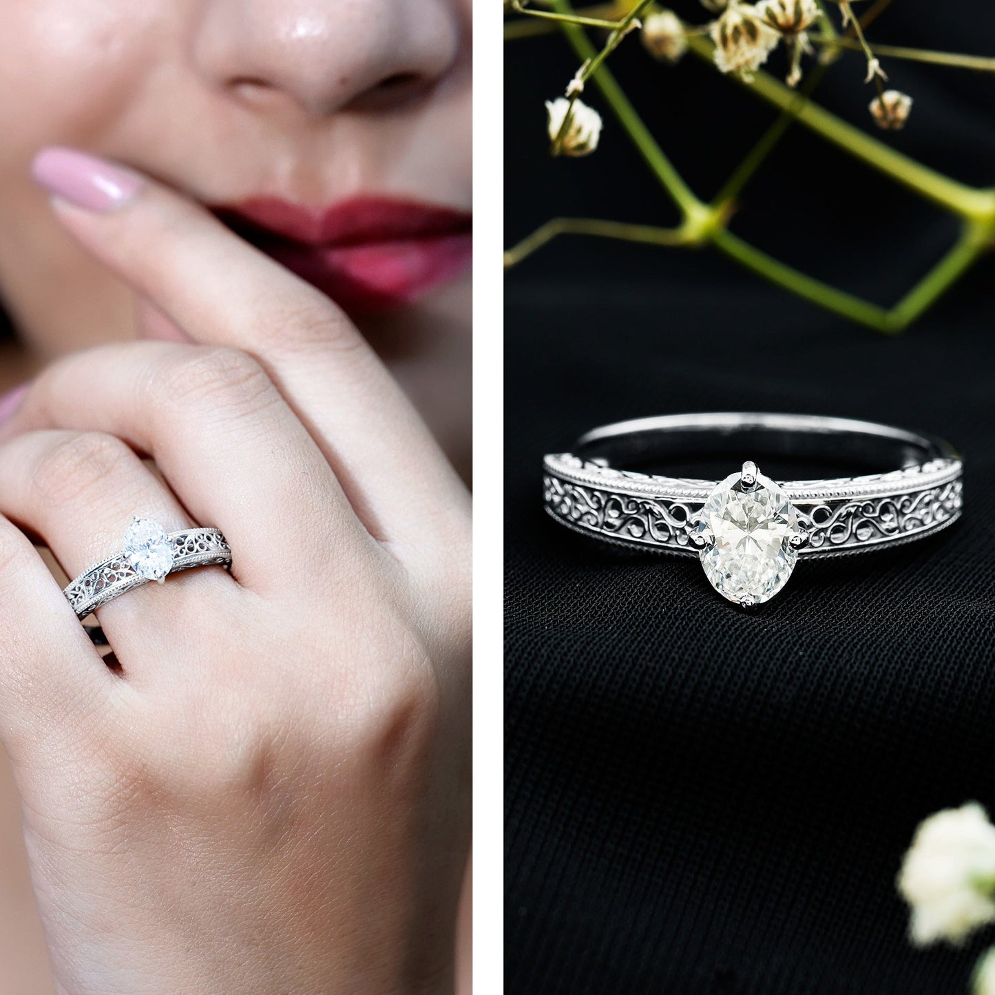 Oval Shape 6X8MM Lab Grown Diamond Filigree Engagement Ring