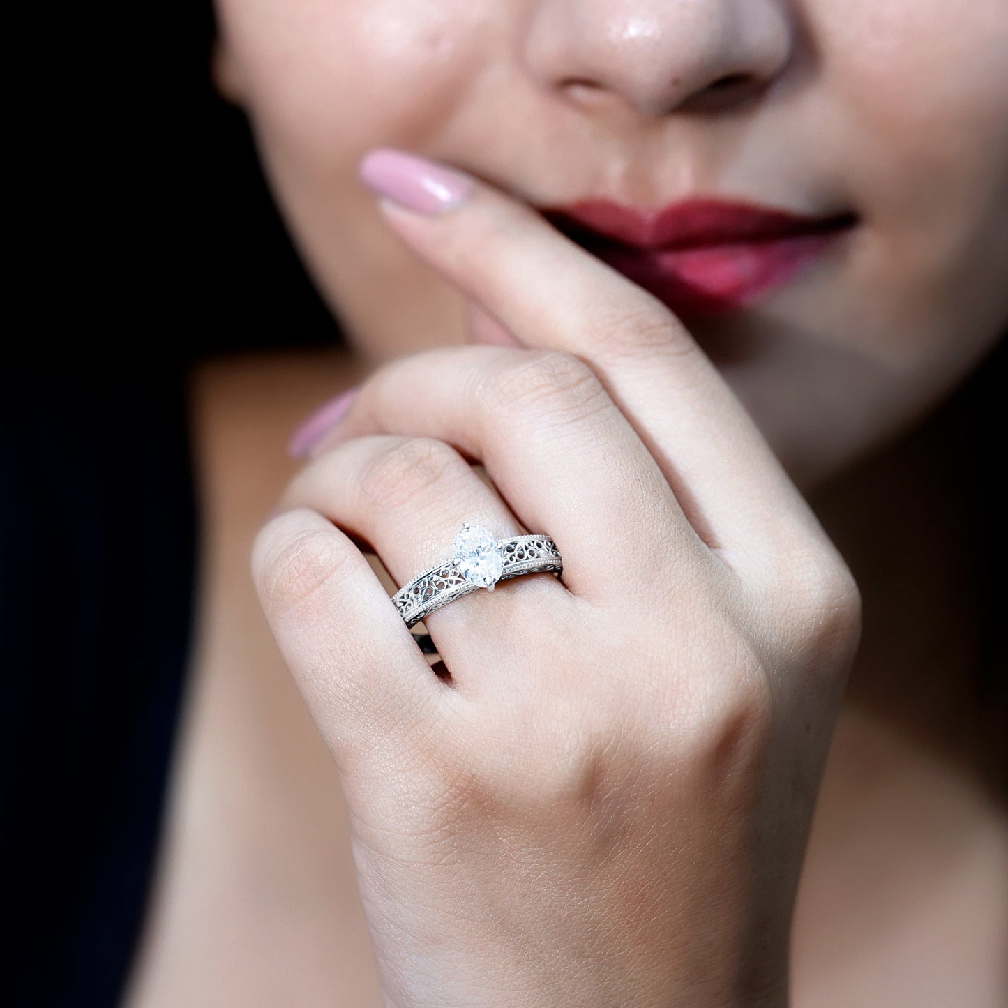Oval Shape 6X8MM Lab Grown Diamond Filigree Engagement Ring
