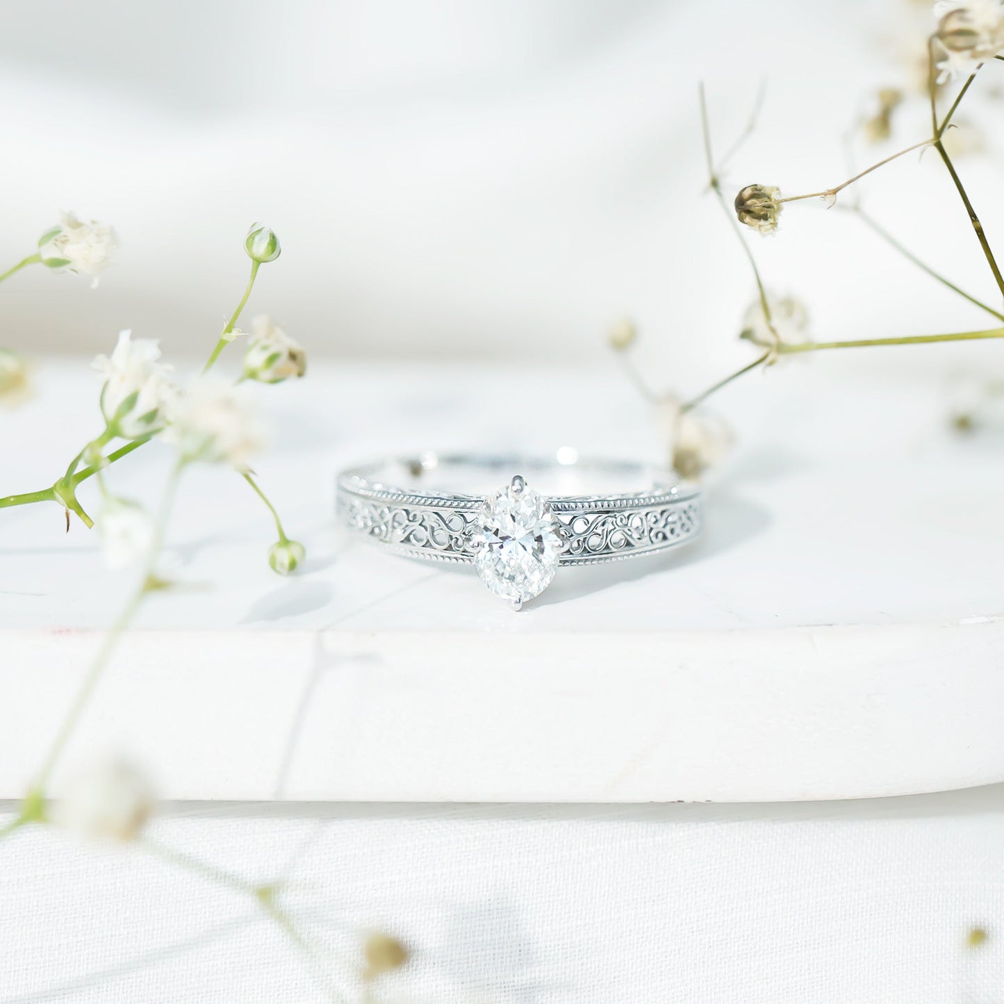 Oval Shape 6X8MM Lab Grown Diamond Filigree Engagement Ring