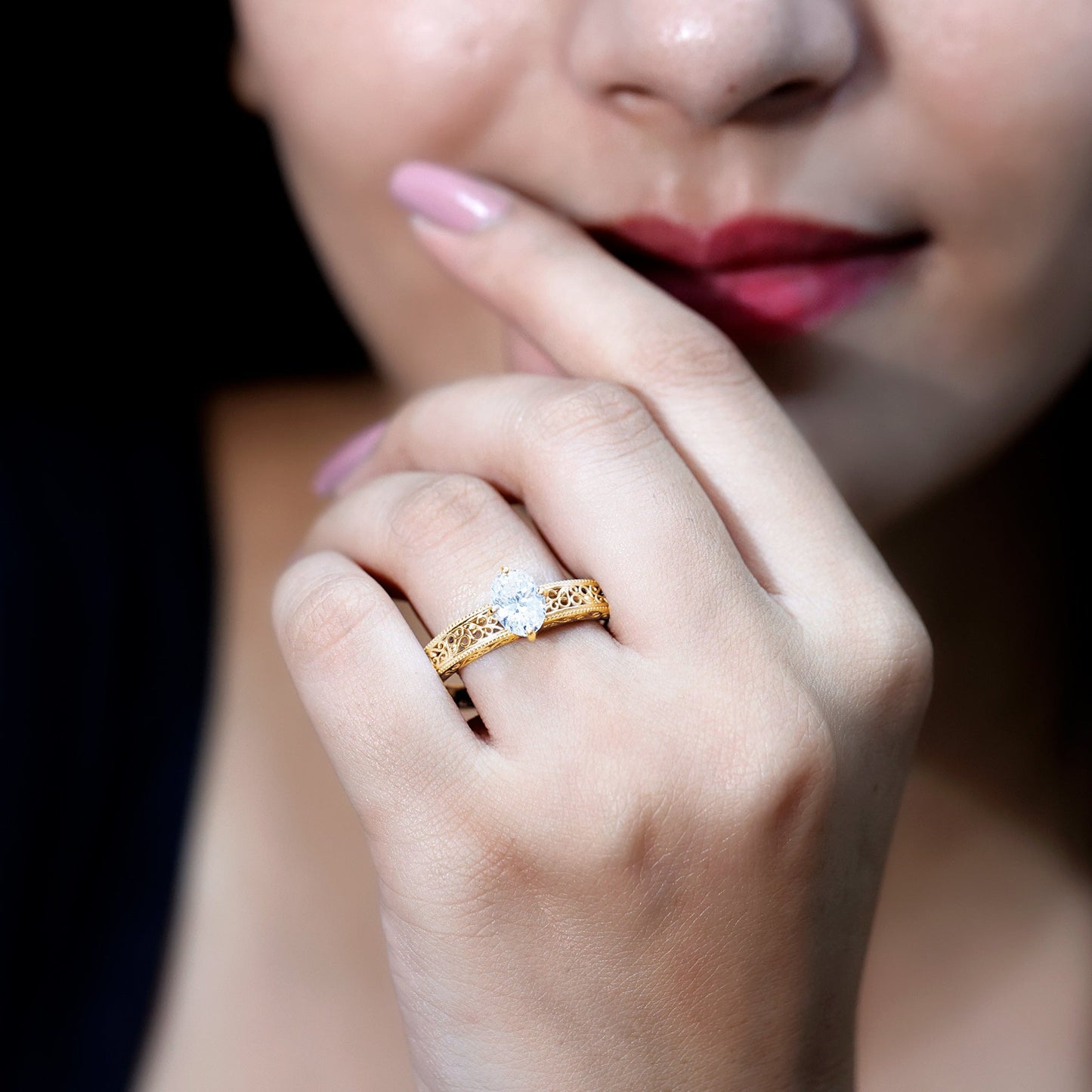 Oval Shape 6X8MM Lab Grown Diamond Filigree Engagement Ring