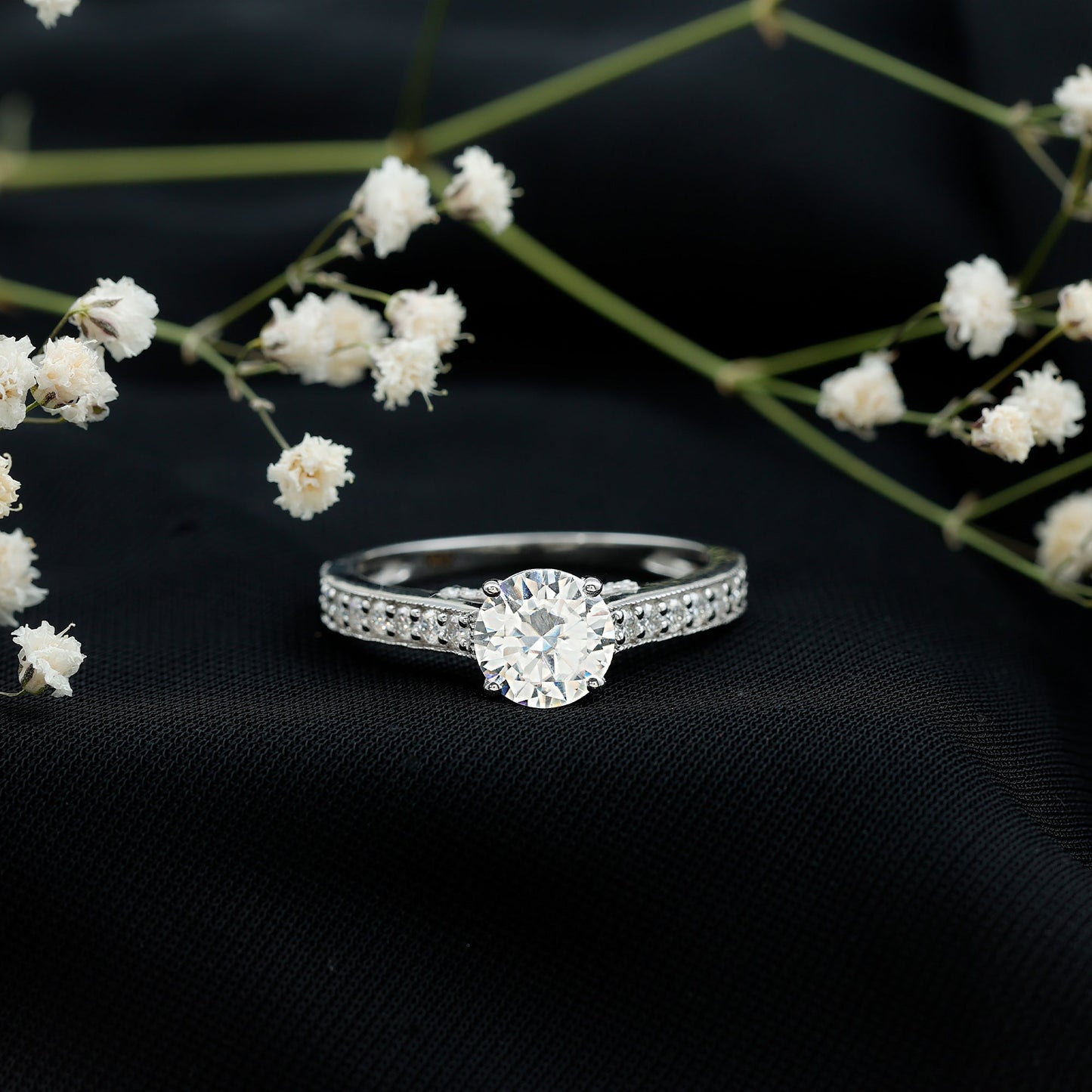 Certified 8 MM Moissanite Solitaire Engagement Ring With Side Stones