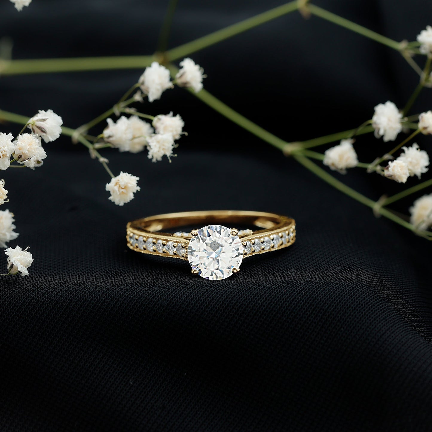 Certified 8 MM Moissanite Solitaire Engagement Ring With Side Stones