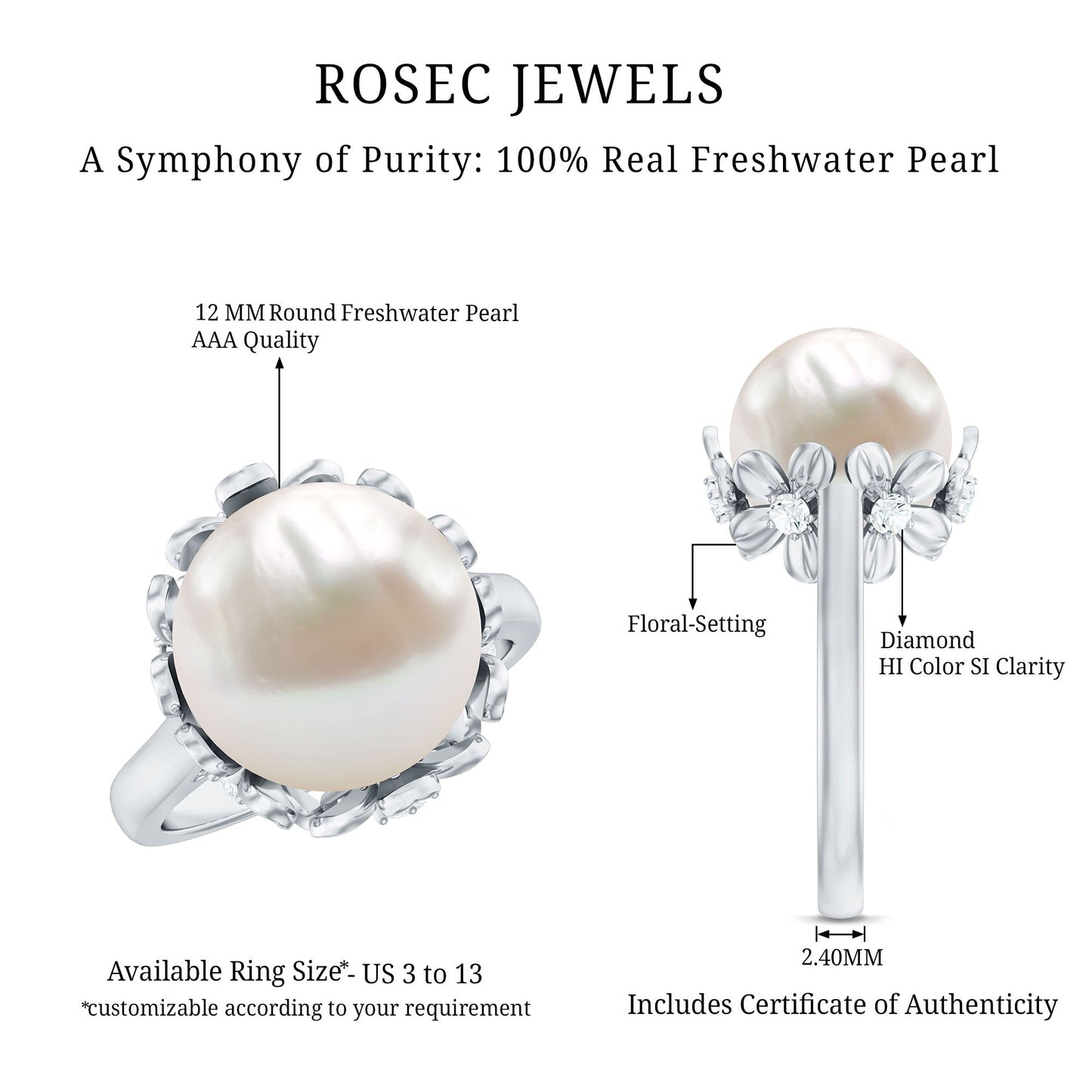 Floral Set Freshwater Pearl Solitaire Ring with Diamond Accent