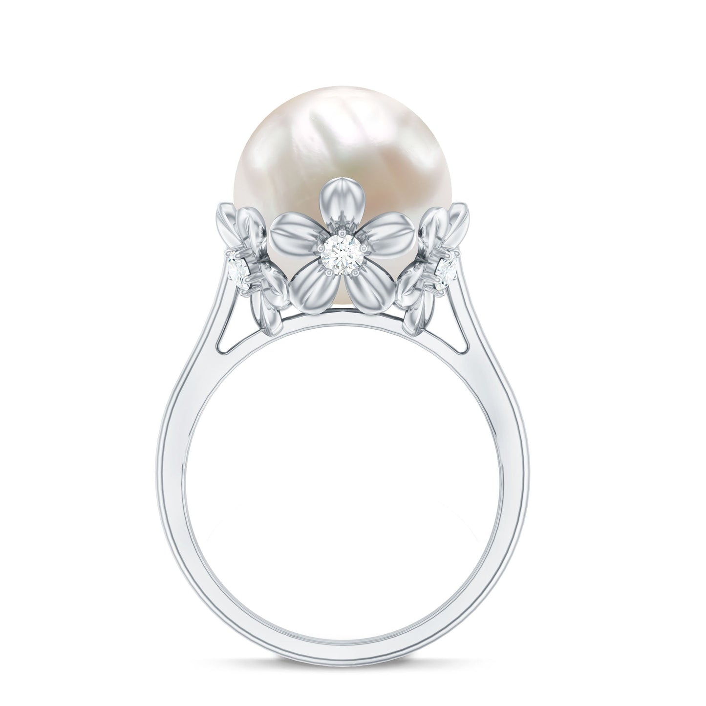 Floral Set Freshwater Pearl Solitaire Ring with Diamond Accent