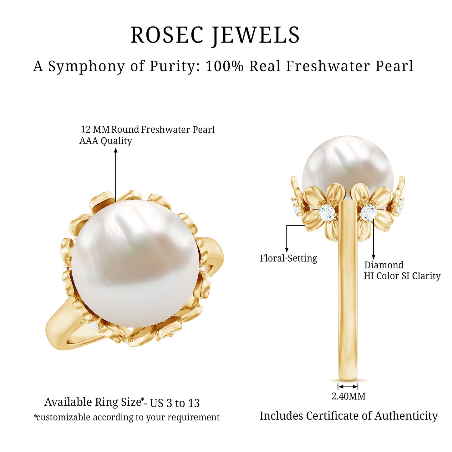 Floral Set Freshwater Pearl Solitaire Ring with Diamond Accent