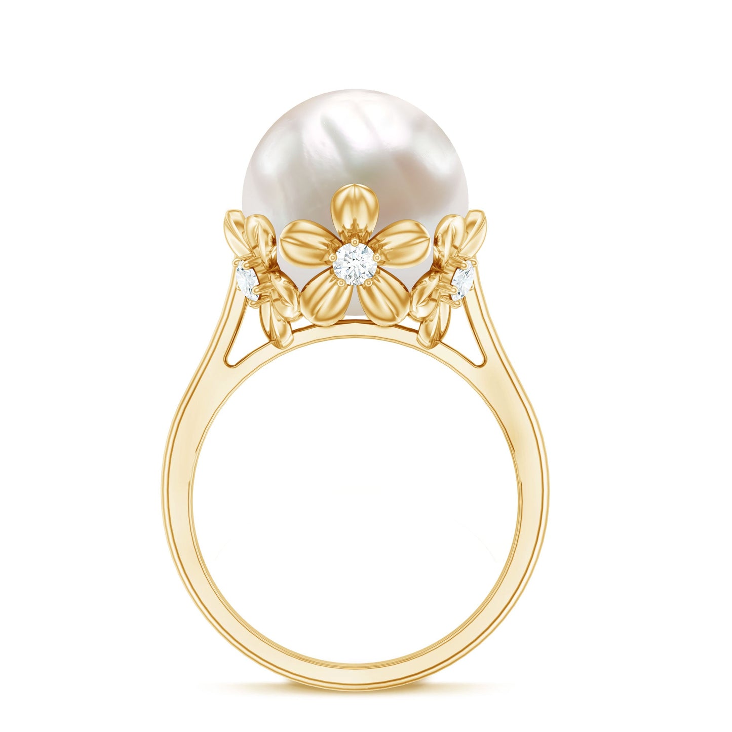 Floral Set Freshwater Pearl Solitaire Ring with Diamond Accent