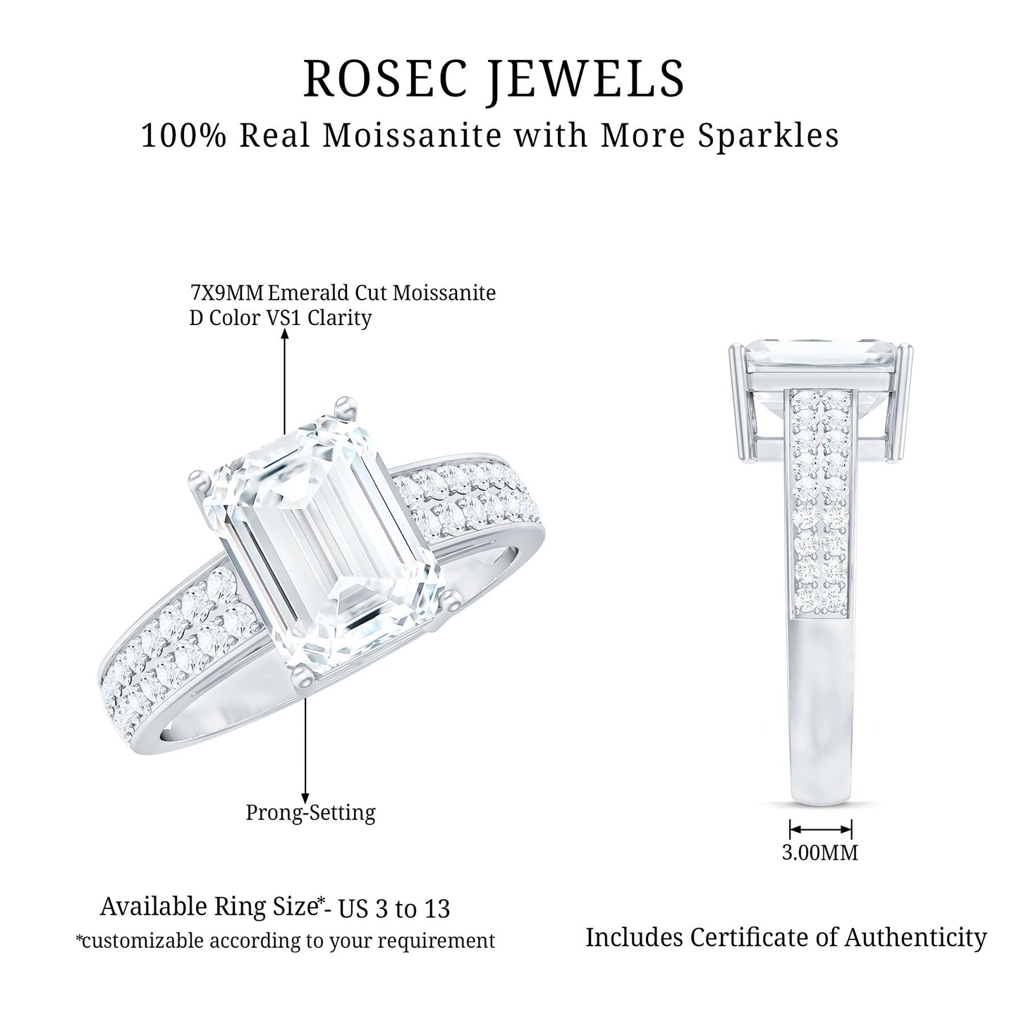 Emerald Cut Moissanite Big Engagement Ring