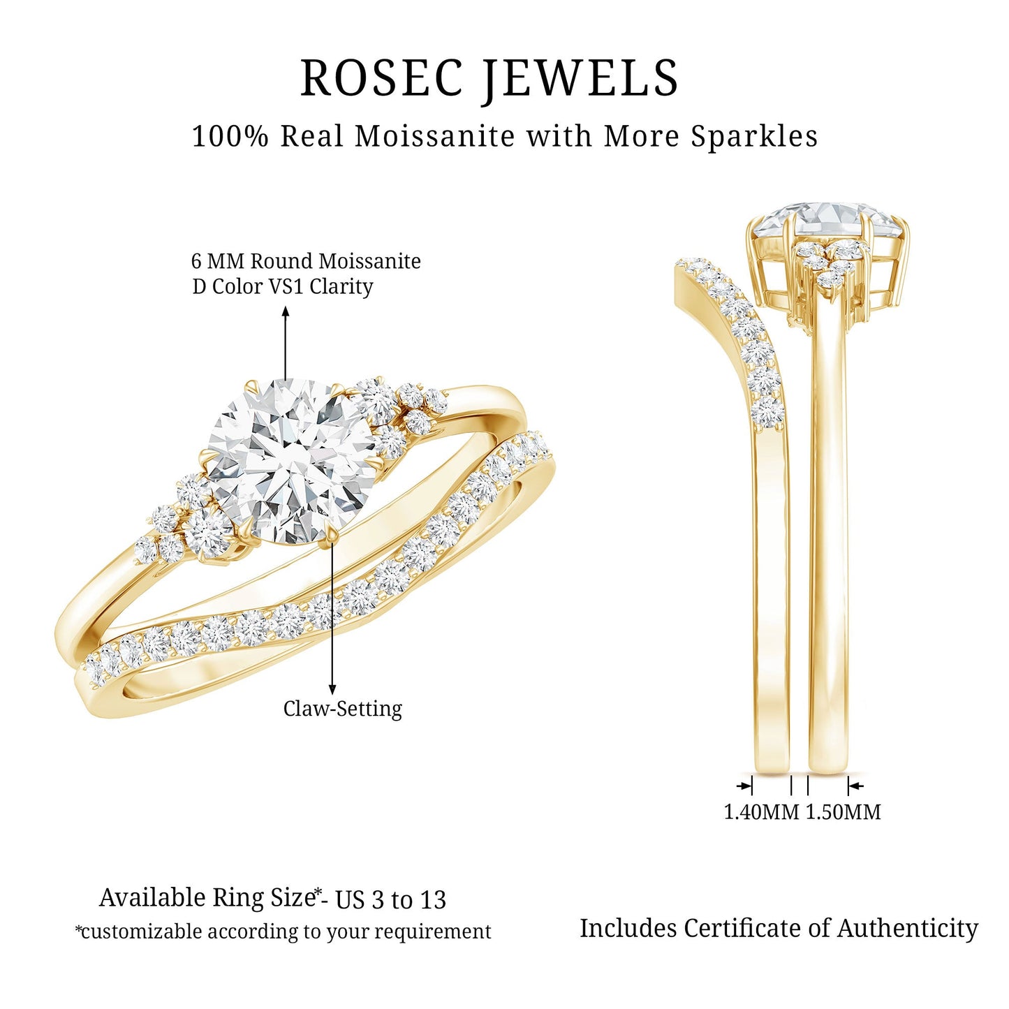 6 MM Round Cut Moissanite Wedding Ring Set For Bride