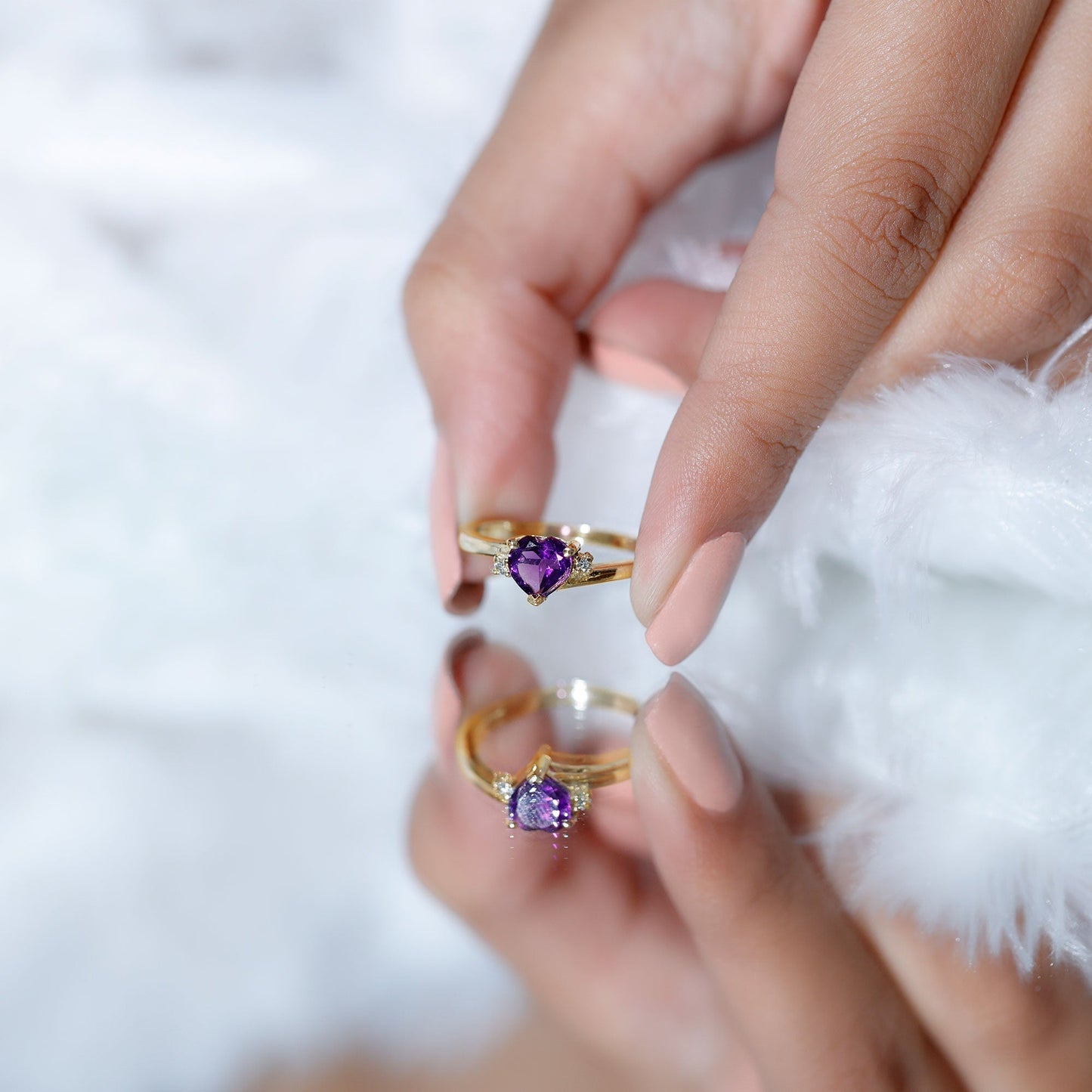 1 CT Heart Shape Amethyst Solitaire Promise Ring with Diamond