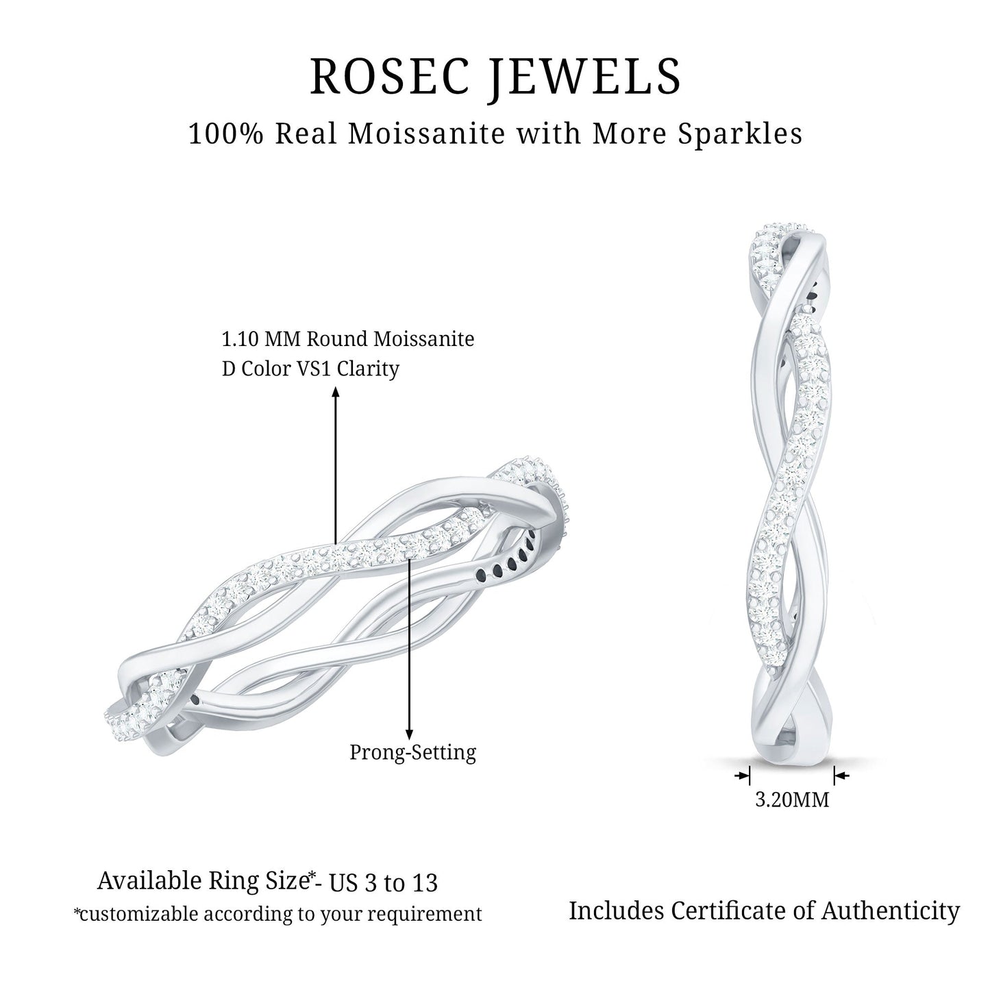 Certified Moissanite Infinity Eternity Band Ring