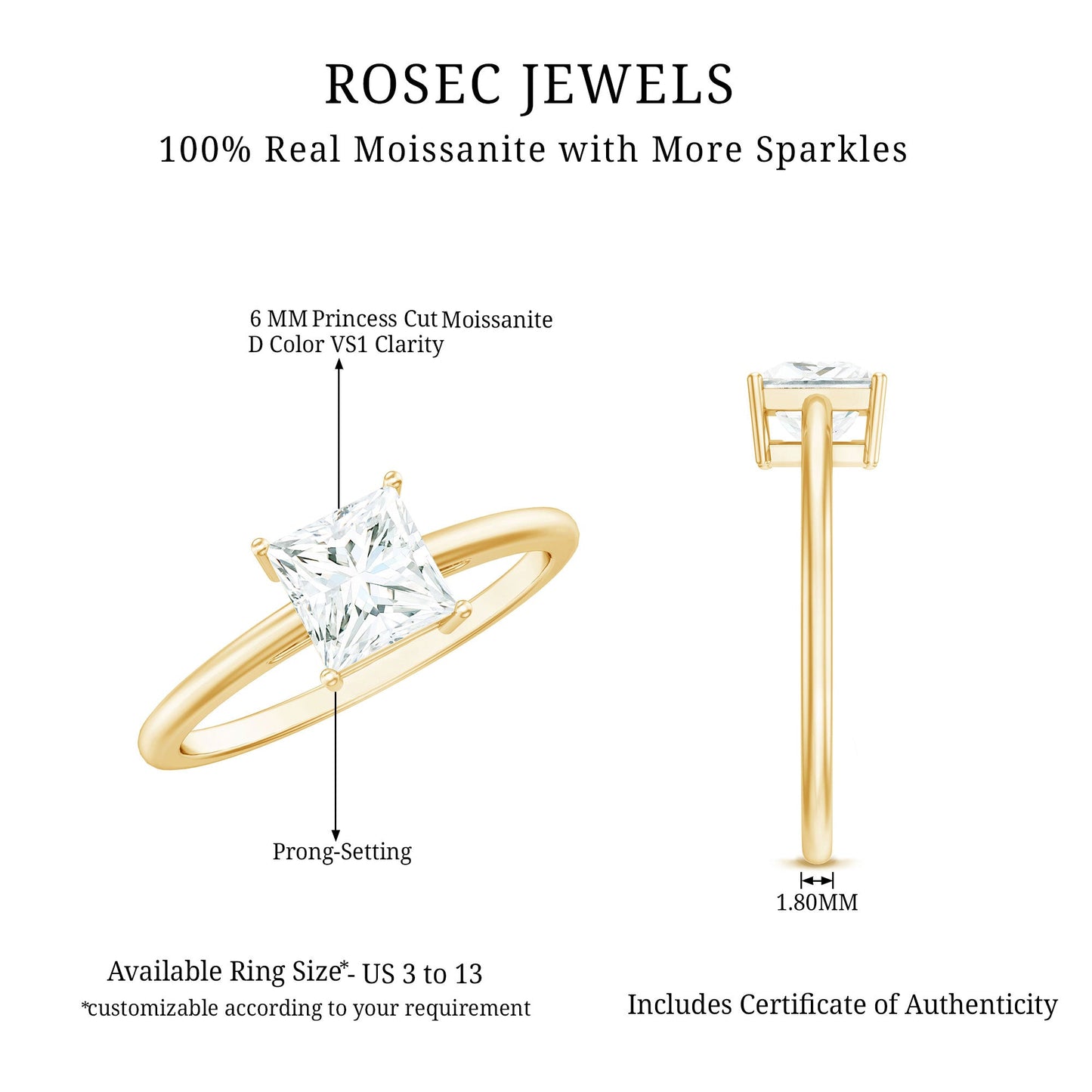 1 CT Princess Cut Moissanite Solitaire Ring for Women