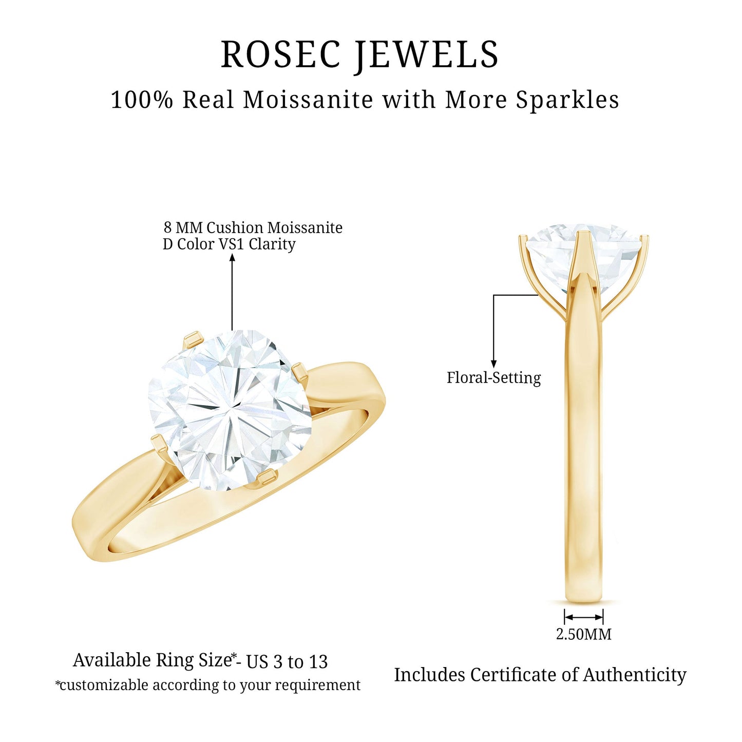 3 CT Cushion Moissanite Solitaire Engagement Ring