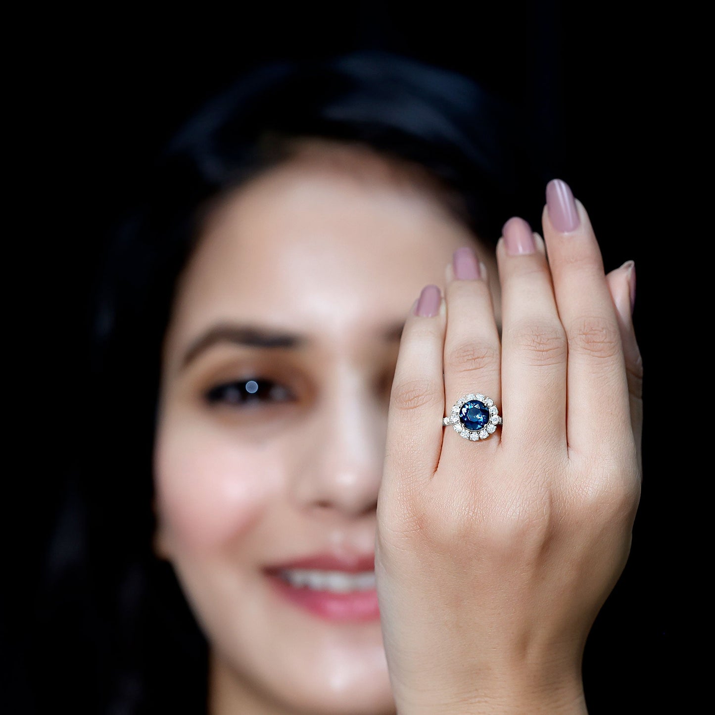 8mm Round London Blue Topaz Halo Engagement Ring with Moissanite
