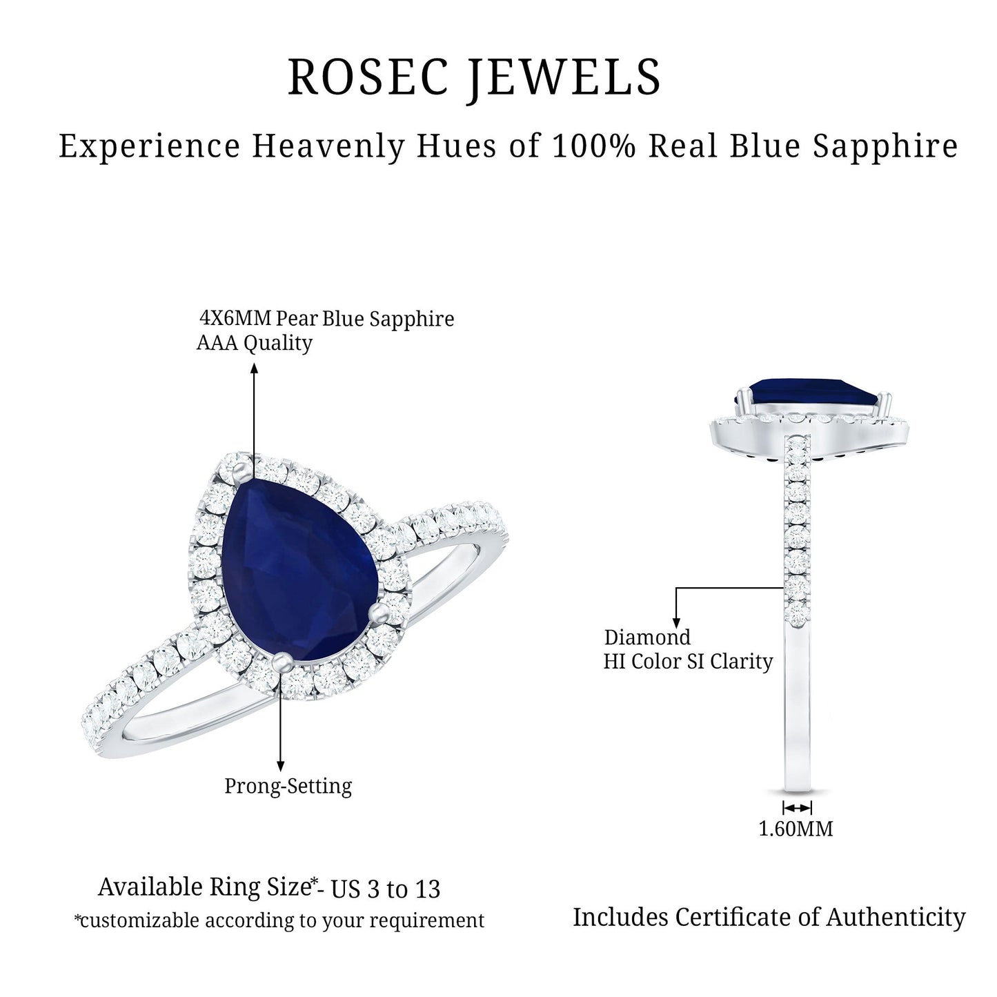 Natural Blue Sapphire and Diamond Teardrop Halo Engagement Ring