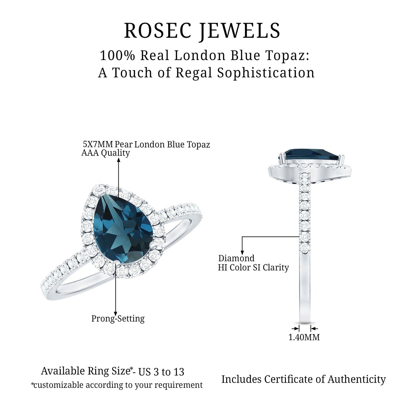 5X7 mm Pear Shape London Blue Topaz Teardrop Engagement Ring with Diamond Halo