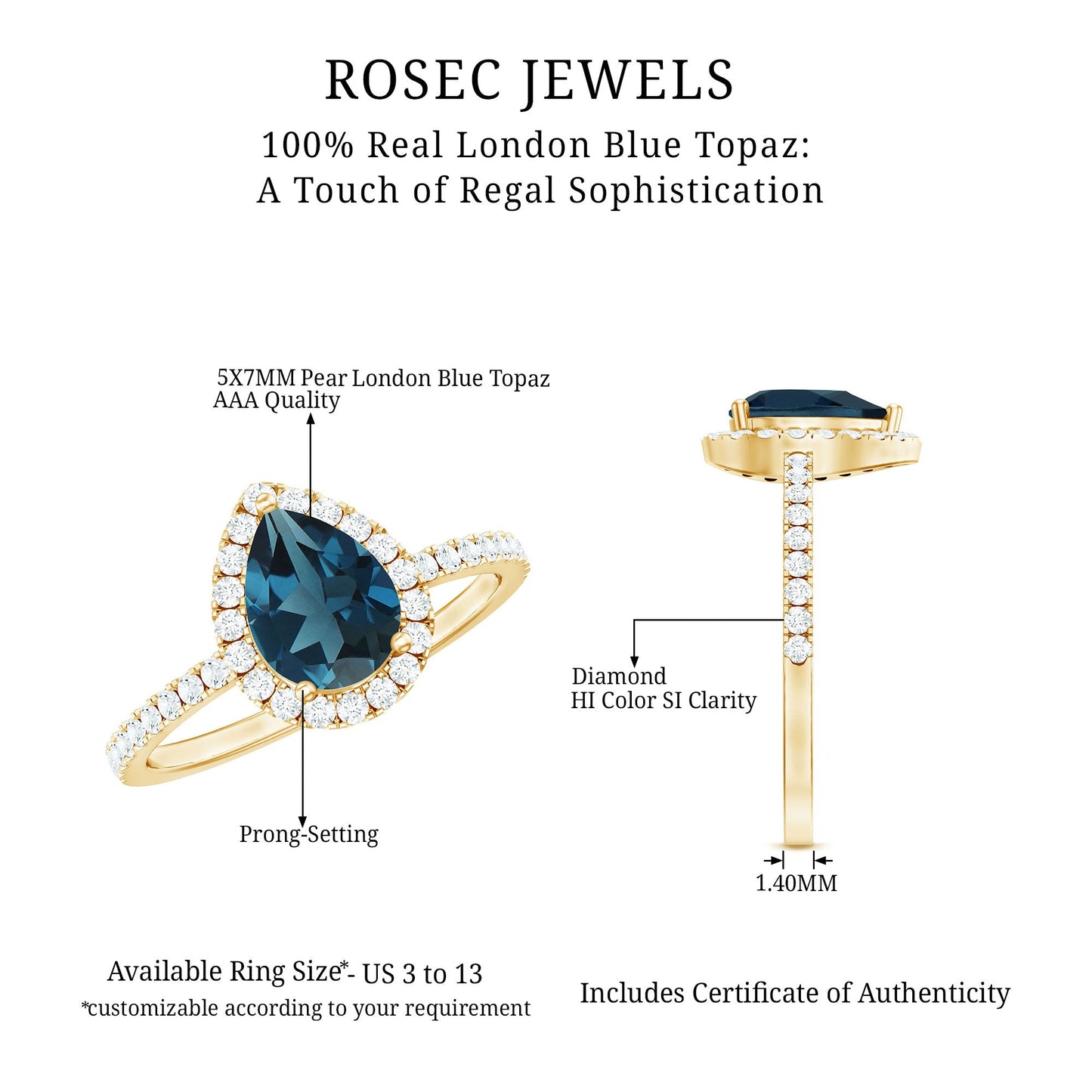 5X7 mm Pear Shape London Blue Topaz Teardrop Engagement Ring with Diamond Halo