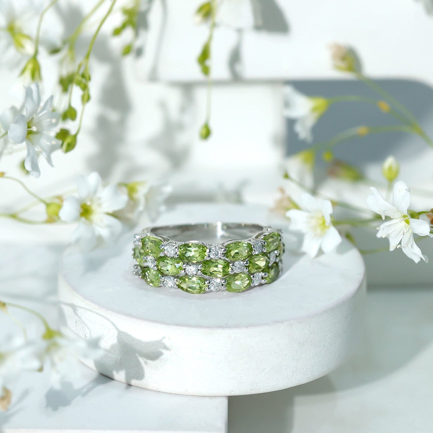 Certified Natural Peridot 3 Row Wedding Band with Moissanite