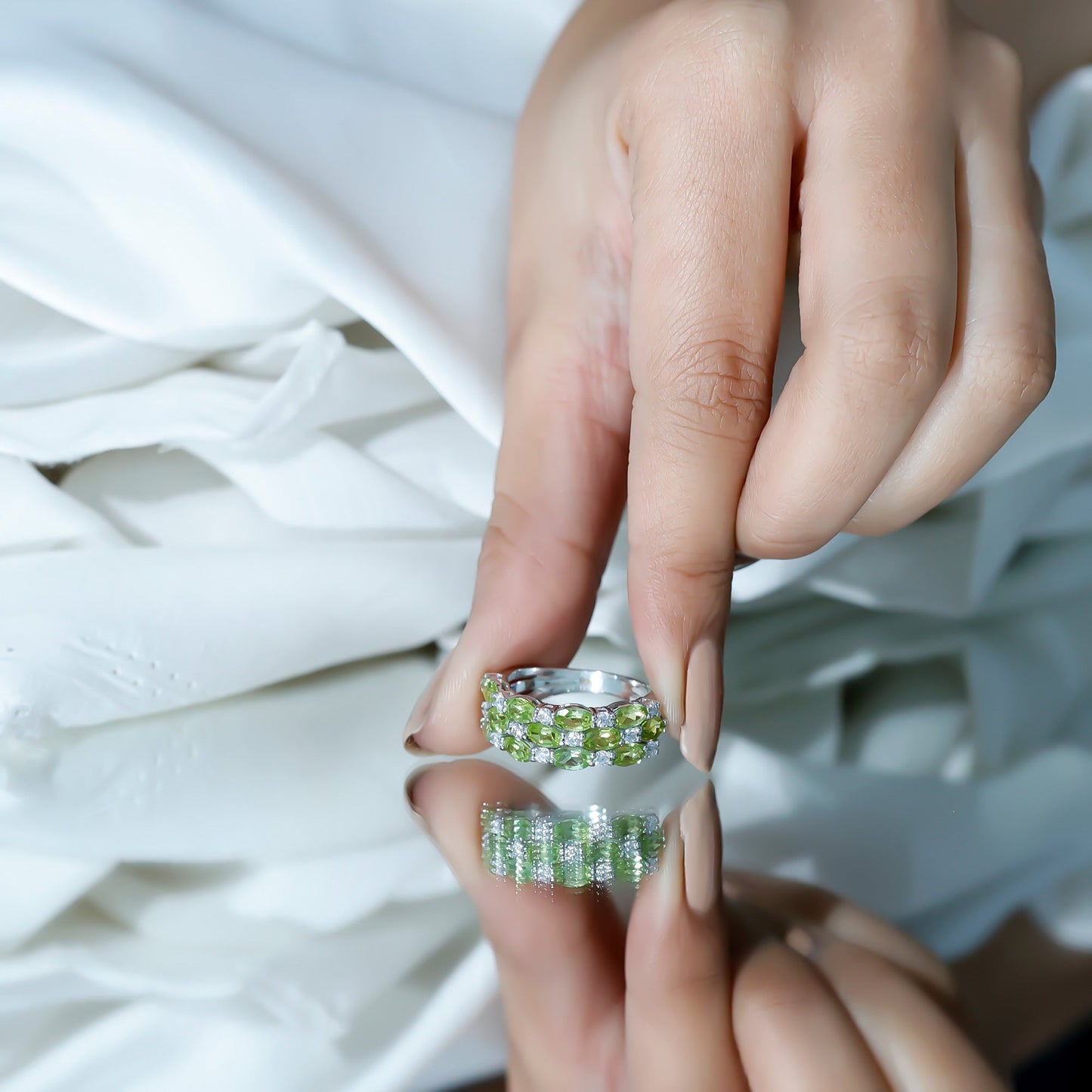 Certified Natural Peridot 3 Row Wedding Band with Moissanite