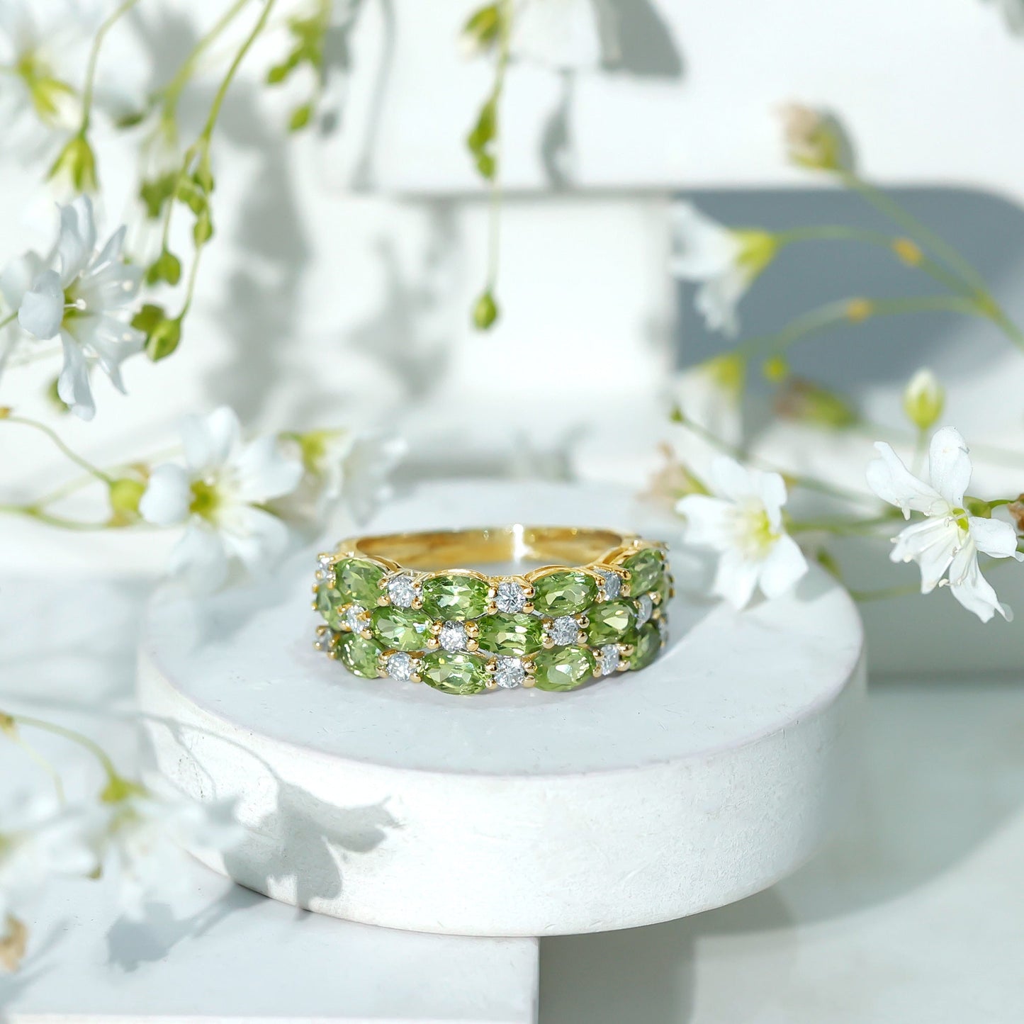 Certified Natural Peridot 3 Row Wedding Band with Moissanite