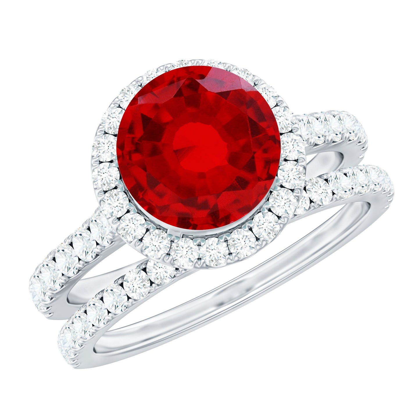 Lab Created Ruby Halo Wedding Ring Set with Moissanite