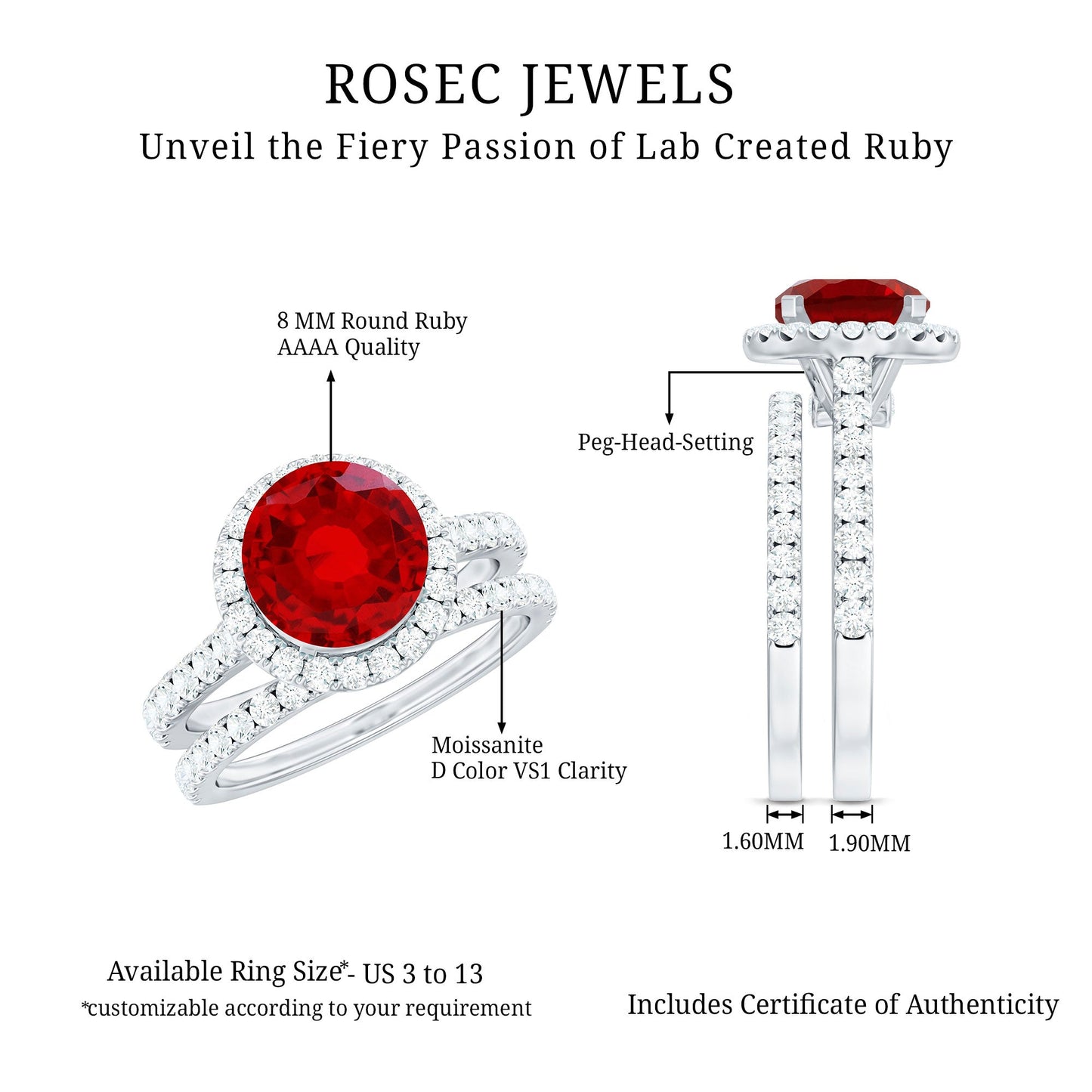 Lab Created Ruby Halo Wedding Ring Set with Moissanite