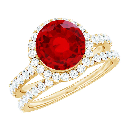 Lab Created Ruby Halo Wedding Ring Set with Moissanite