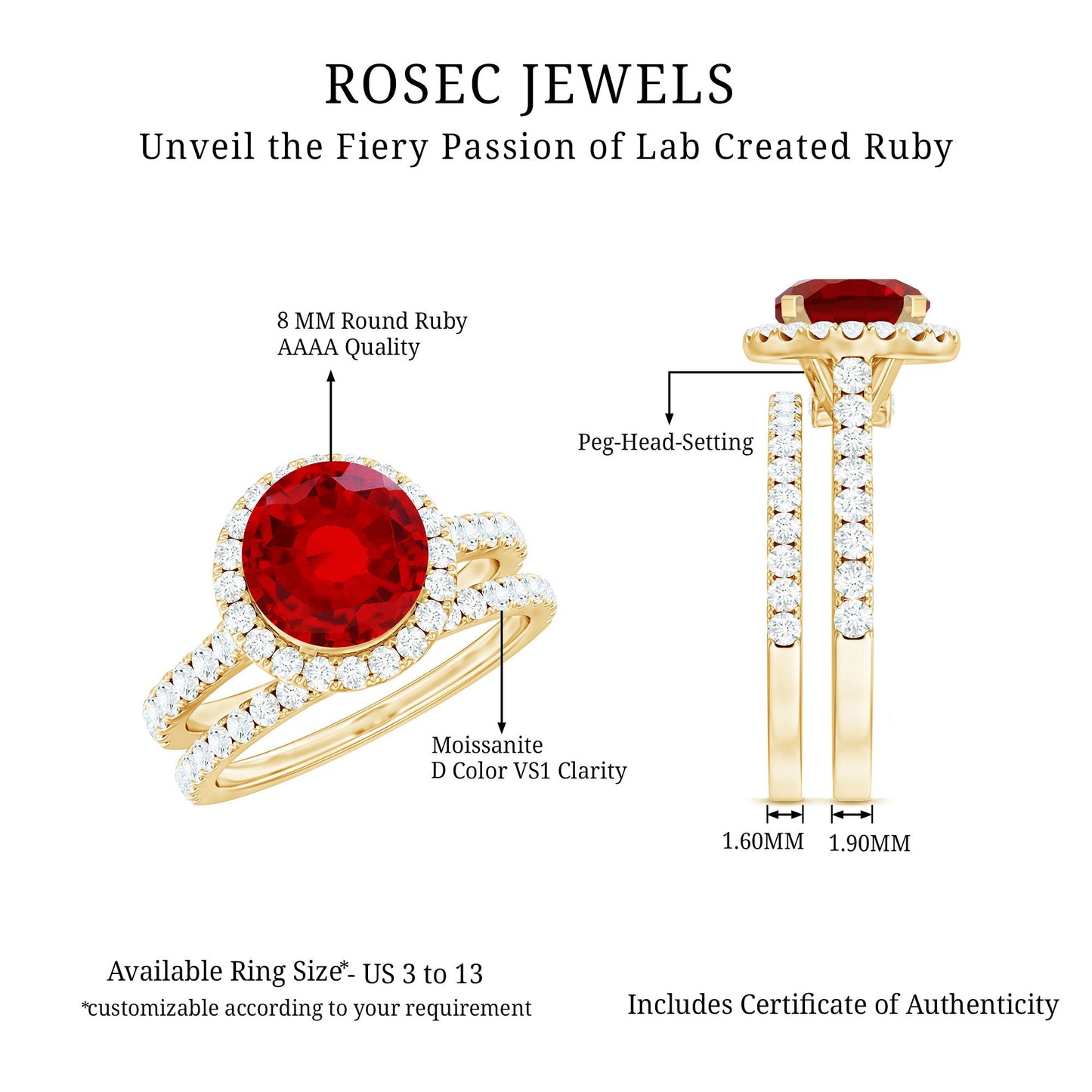 Lab Created Ruby Halo Wedding Ring Set with Moissanite