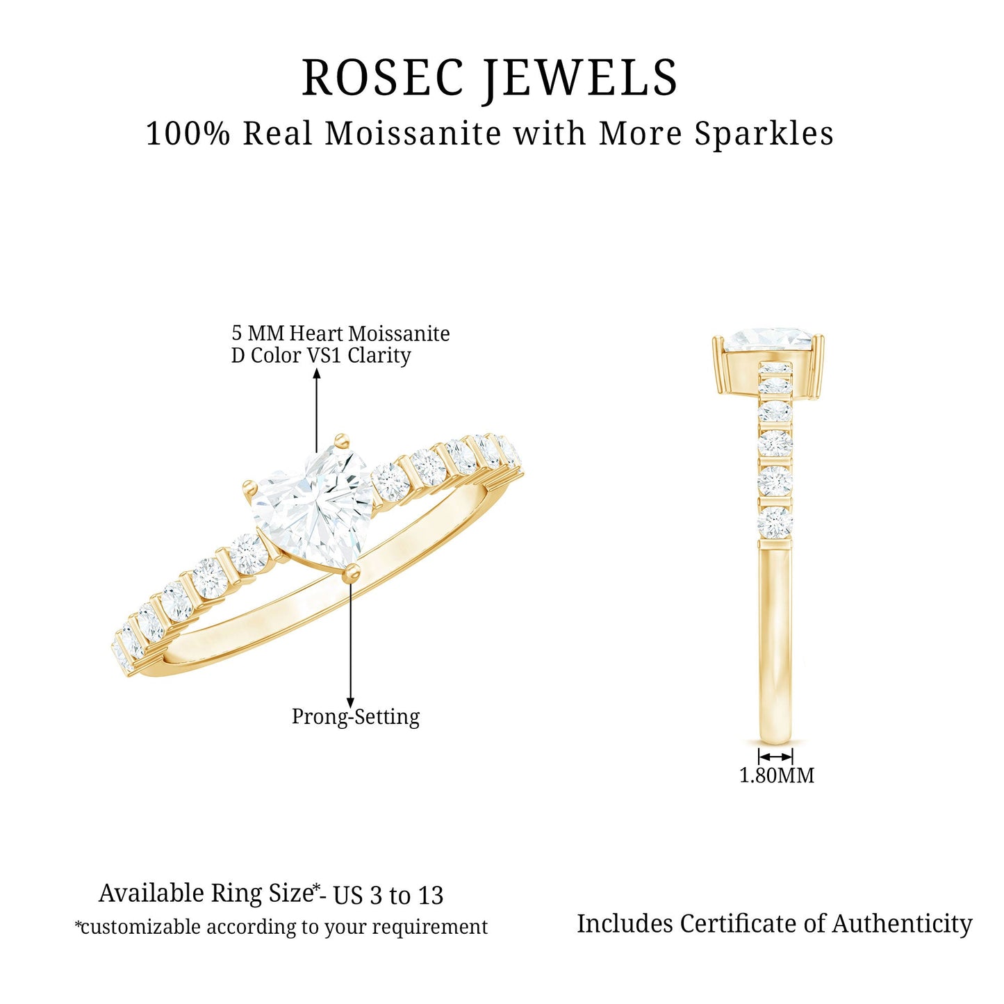 Certified 5 MM Moissanite Heart Engagement Ring with Side Stones