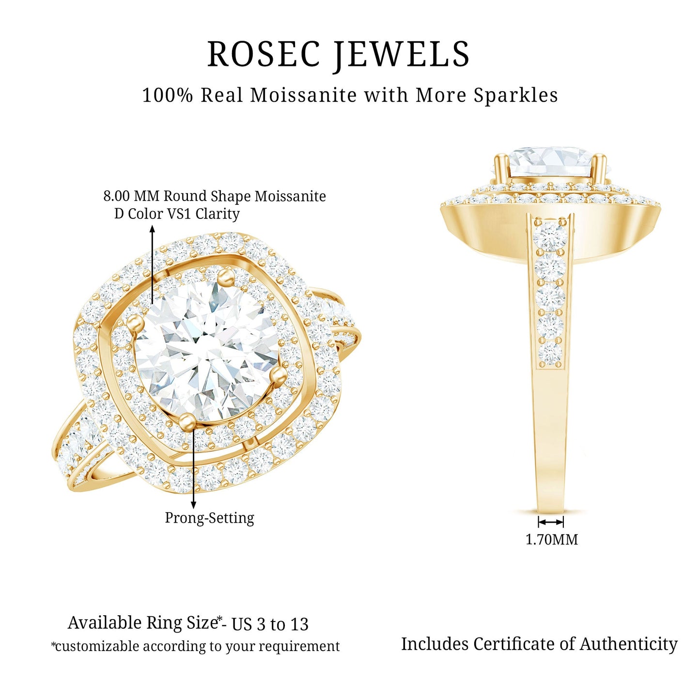 8mm Round Shape Moissanite Double Halo Statement Ring