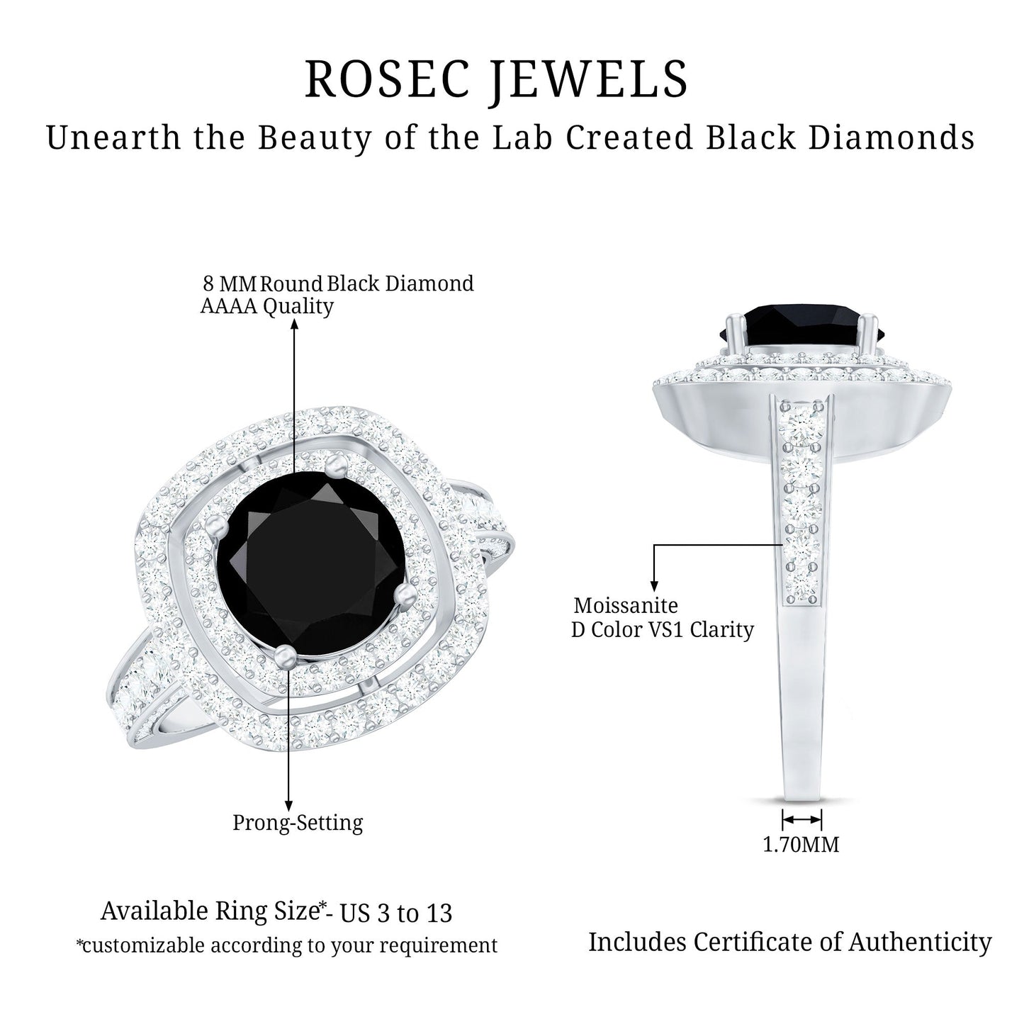 Lab Grown Black Diamond Double Halo Engagement Ring With Moissanite