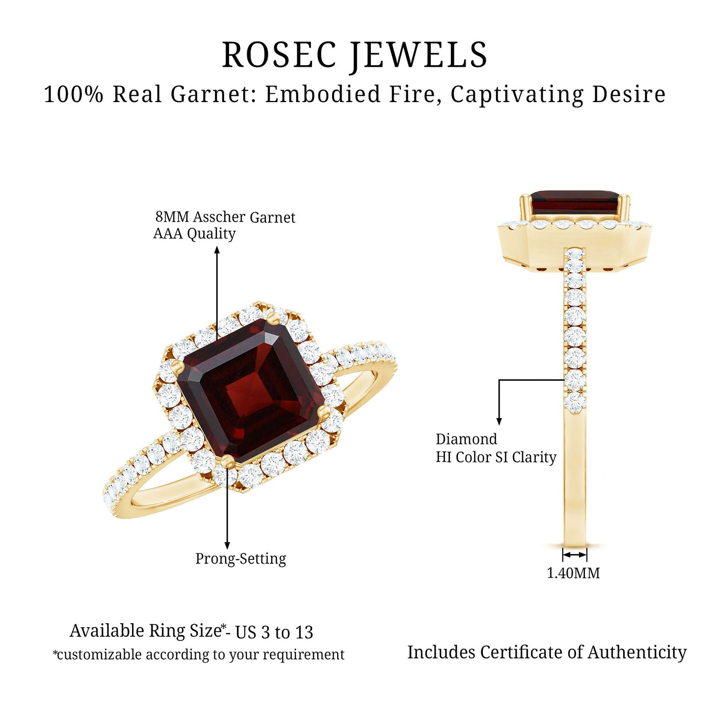 Natural 8mm Garnet Asscher Cut Engagement Ring with Diamond Halo