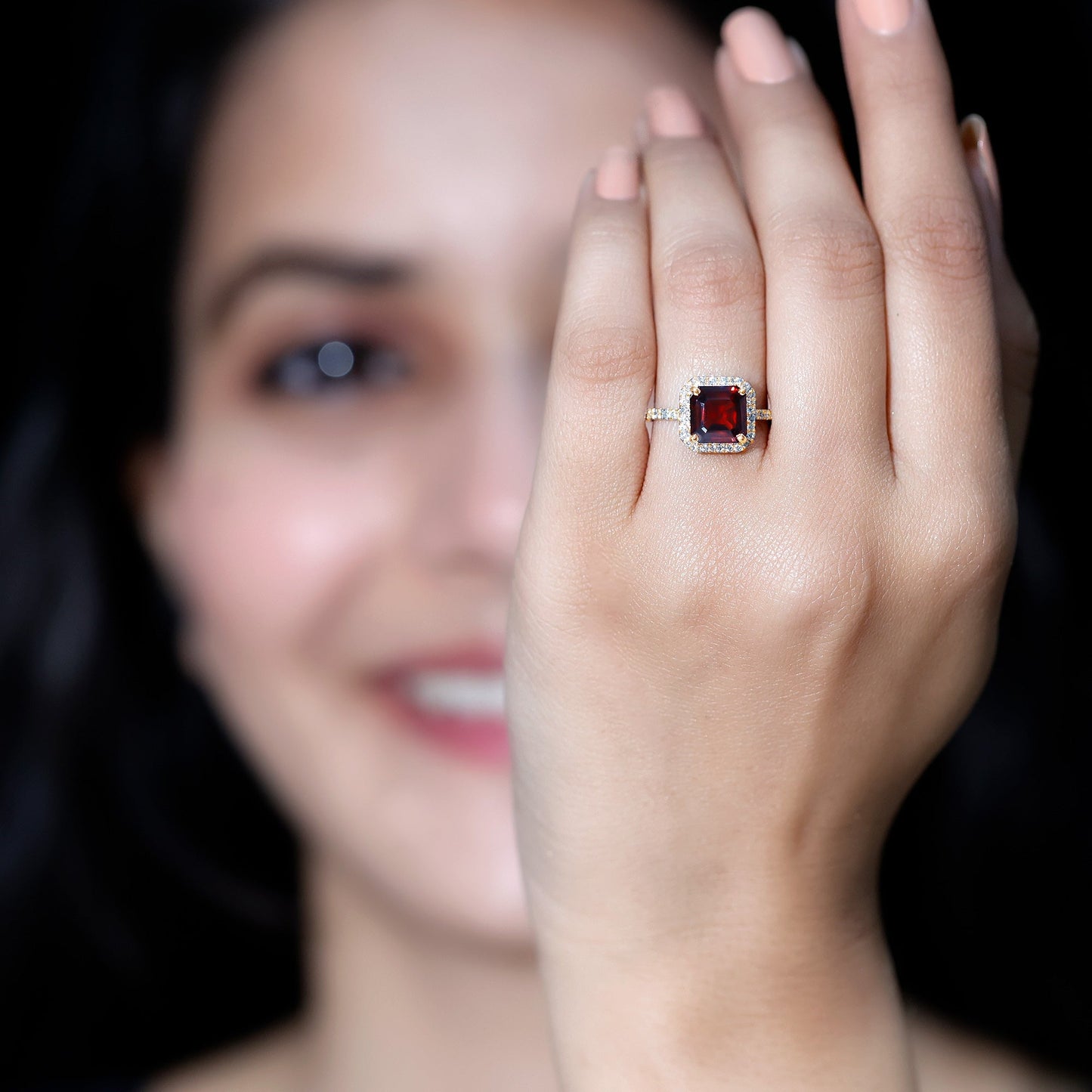 Natural 8mm Garnet Asscher Cut Engagement Ring with Diamond Halo